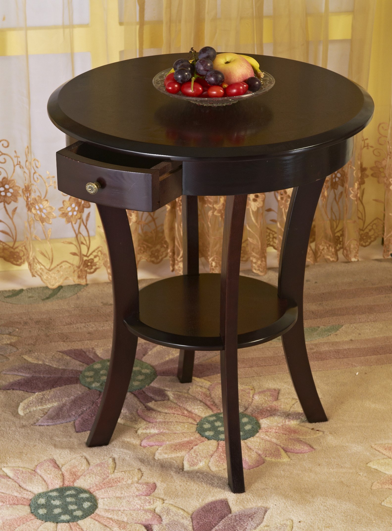 Frenchi Furniture Espresso Wood Round Table with Drawer and Shelf - Perfect for Dining Room, Kitchen, or Small Space Decor