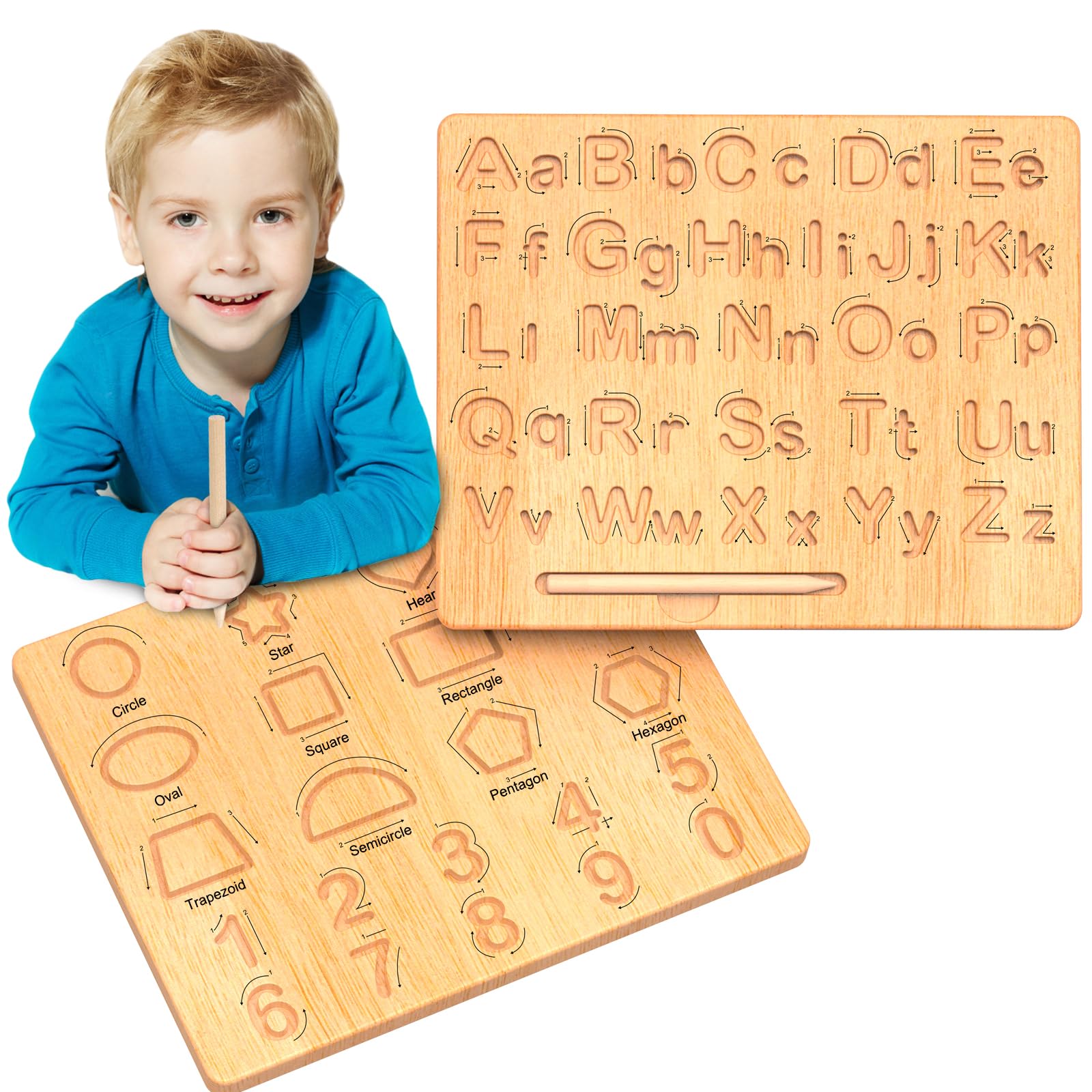 LOOIKOOS Wooden Alphabet Tracing Board - Double-Sided ABC Learning Toy for Kids 3-5 | Montessori Writing Practice & Fine Motor Skills