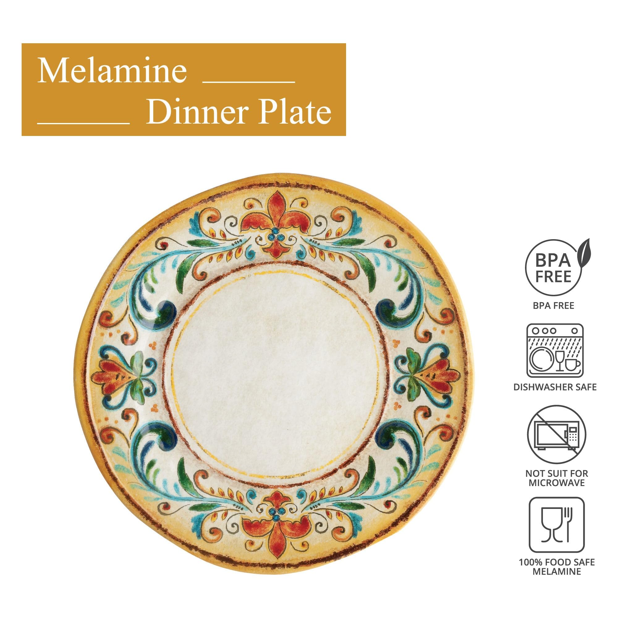 UPware 6-Piece Melamine Dinner Plates Set - BPA-Free, Dishwasher Safe, 11 Inch for Main Course, Pasta & Salad - Perfect for Dining & Entertaining