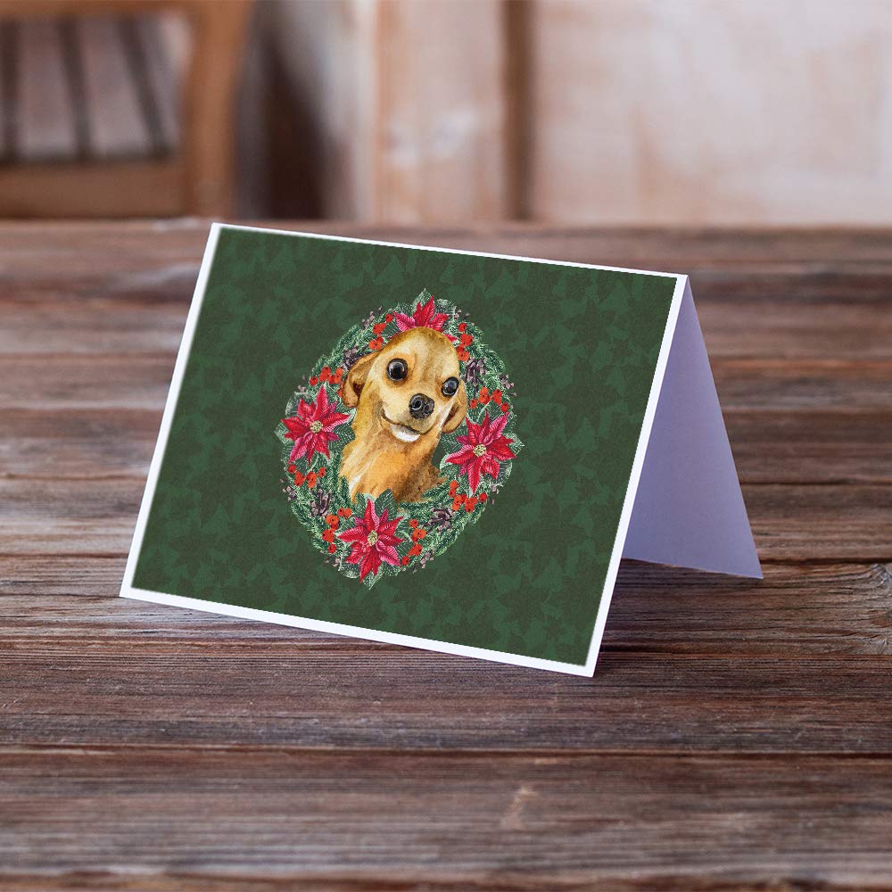 Chihuahua Poinsettia Wreath Greeting Cards - Pack of 8 Blank A7 Note Cards (5x7) with Envelopes | Whimsical Holiday Cards for Christmas Gifts, Thank You Notes & Seasonal Greetings