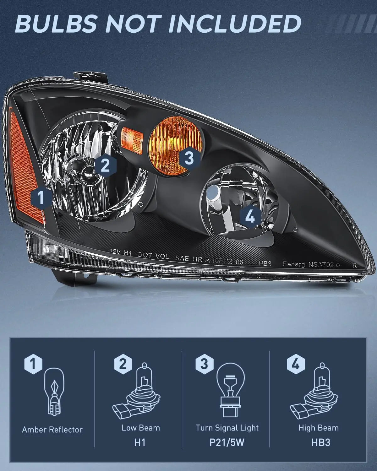 2002-2004 Nissan Altima Headlight Assembly - Black Housing with Amber Reflector & Clear Lens - Replacement for Dim/Broken Headlights - Left/Right Driver or Passenger Side - Easy Installation