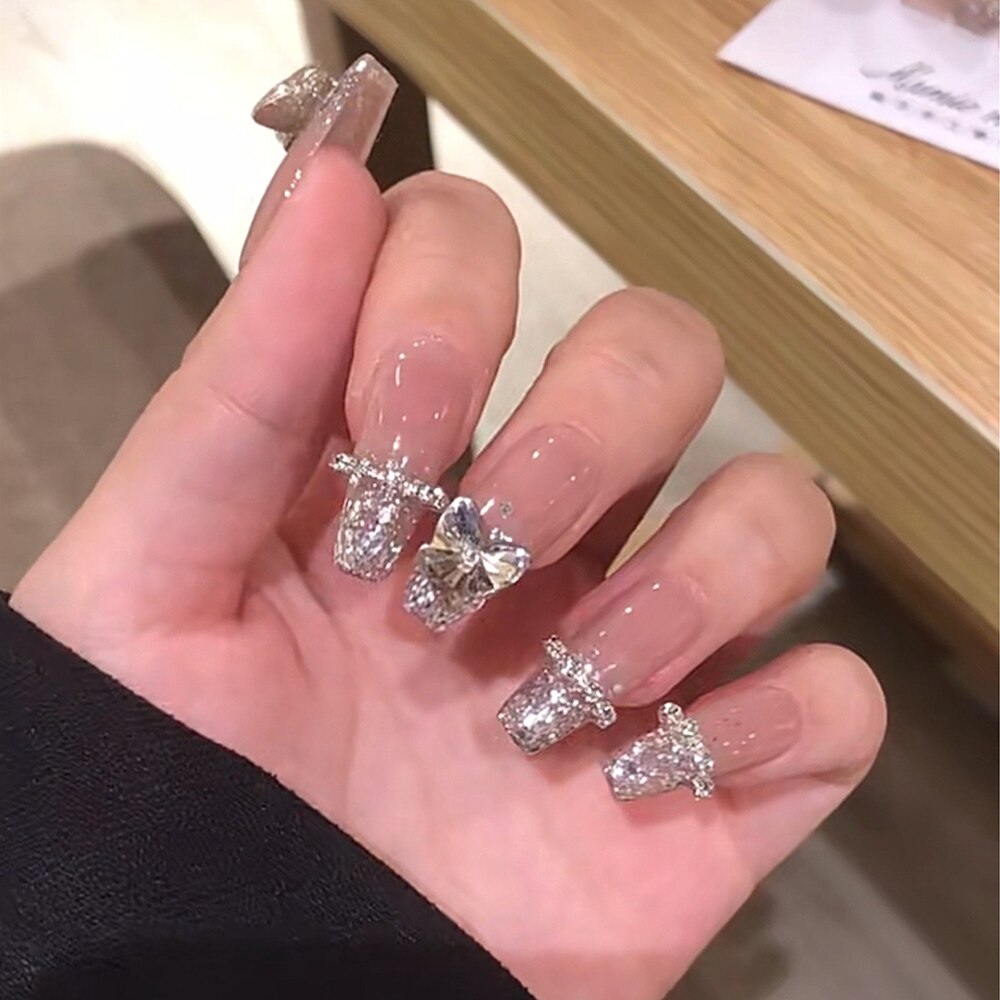 Elegant Autumn French Press on Nails with Butterfly Pearl Decor - Coffin Ballet Fake Nails for Brides & Girls | Perfect for Weddings, Parties & Special Occasions