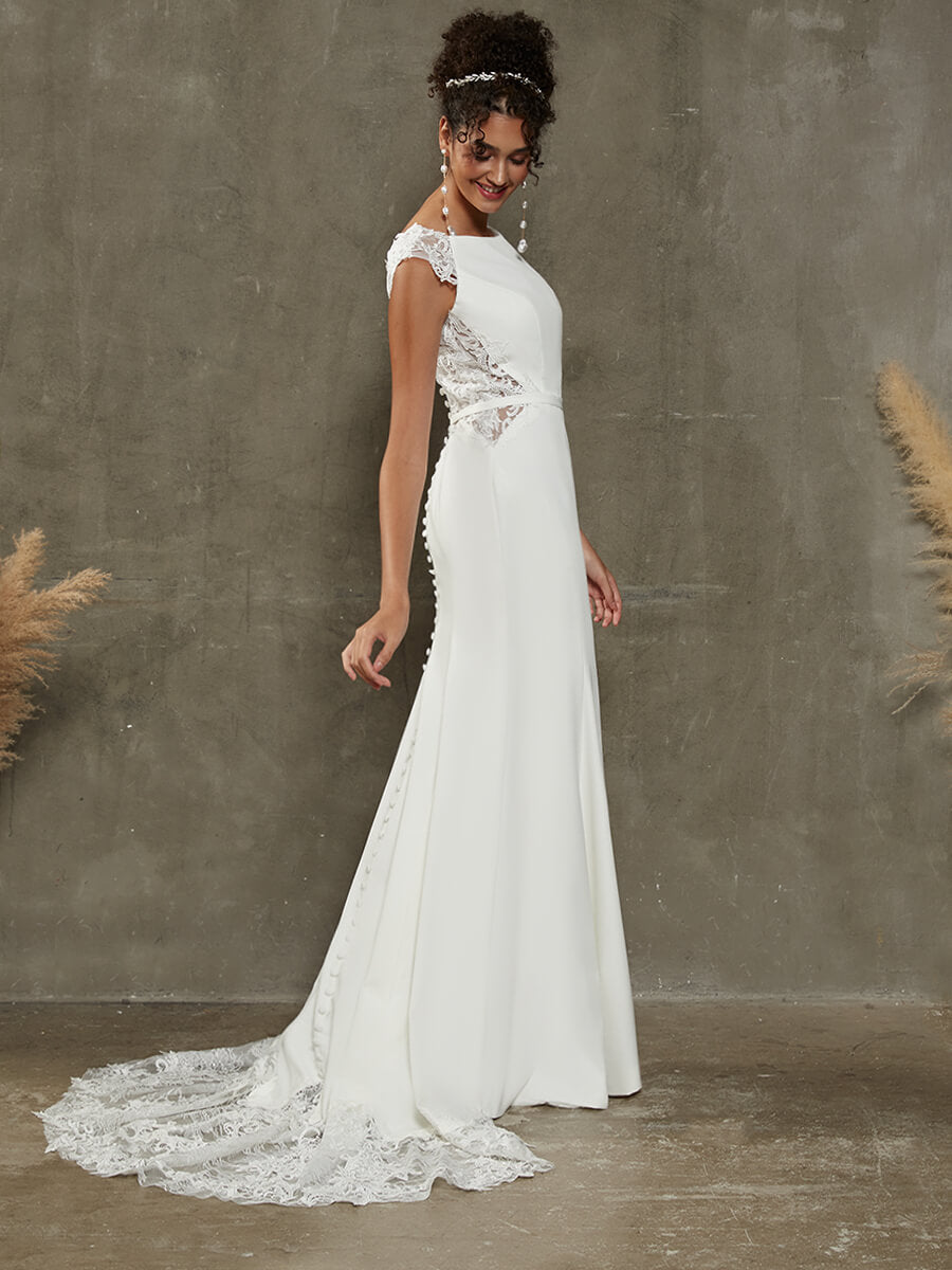 Elegant Double FDY Illusion Back Cap Sleeve Mermaid Wedding Dress with Lace Train - Perfect for Beach, Church, and Formal Wedding Ceremonies