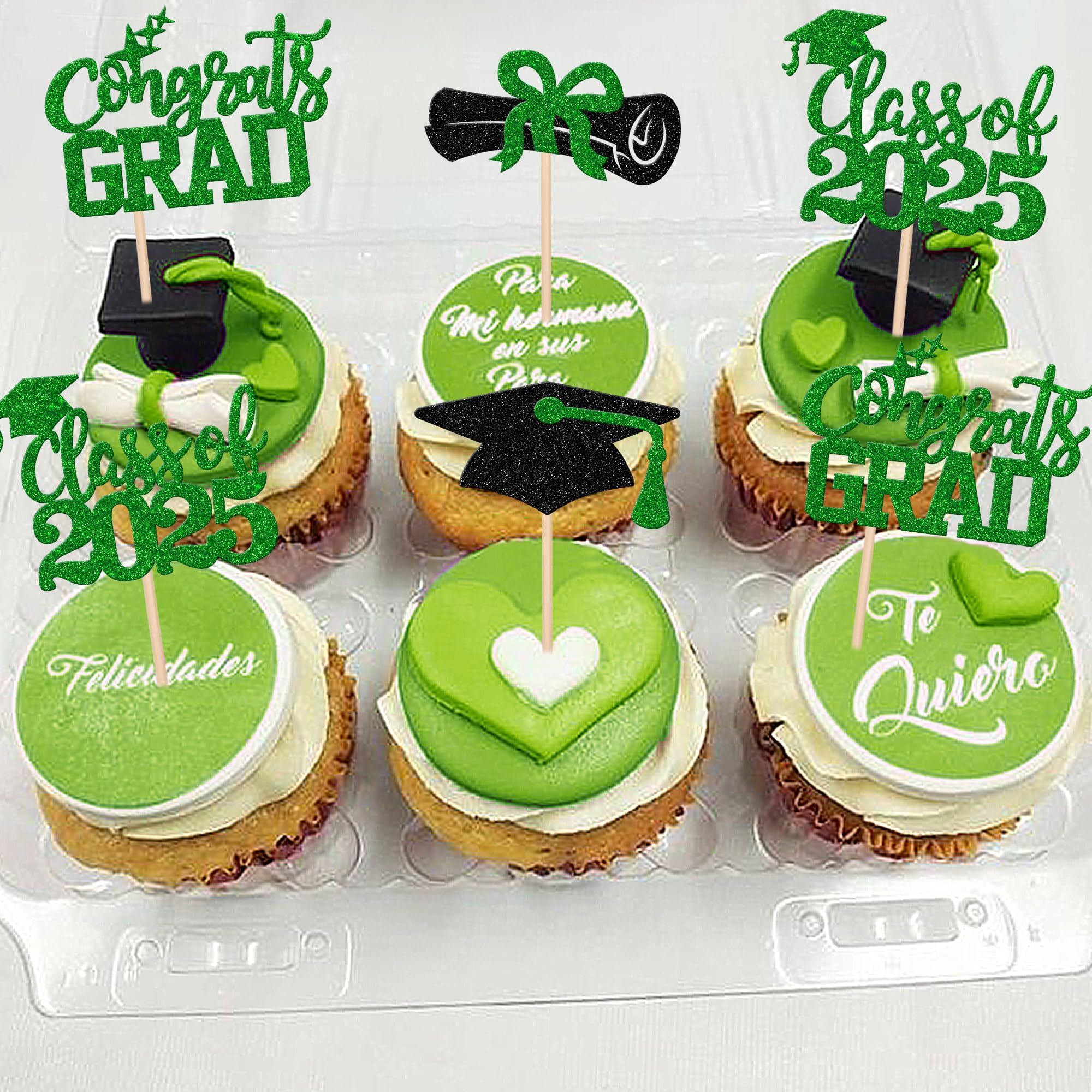 24 PCS Class of 2025 Graduation Cupcake Toppers - Glitter 2025 Congrats Grad Cap & Diploma Cake Decorations - Green Graduation Party Supplies for High School, College Commencement Celebrations