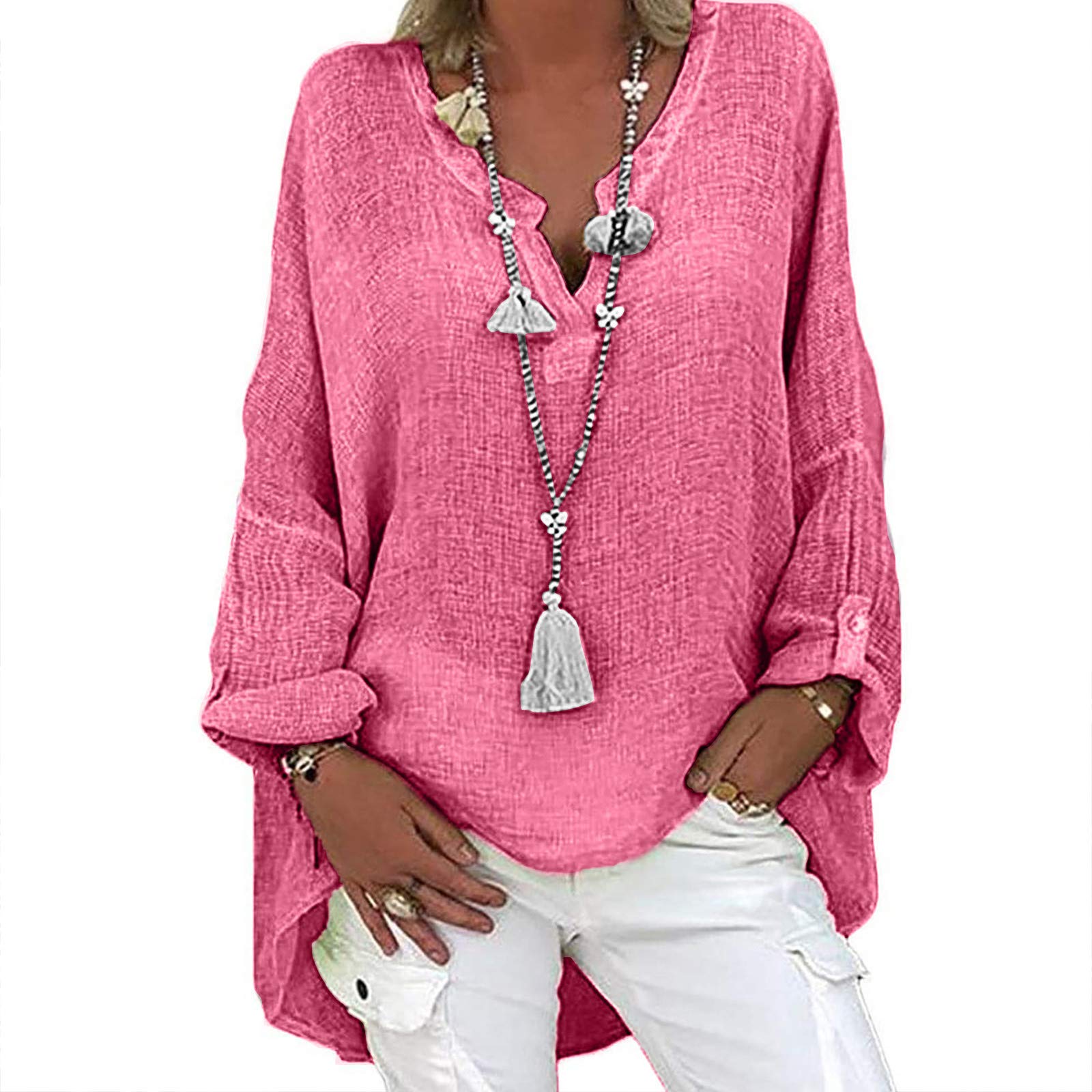 Plus Size Women's Summer Casual Tunic Tops - Cute Printed Loose V-Neck Linen Blouse & Boho Shirts for Everyday Wear, Office & Vacation
