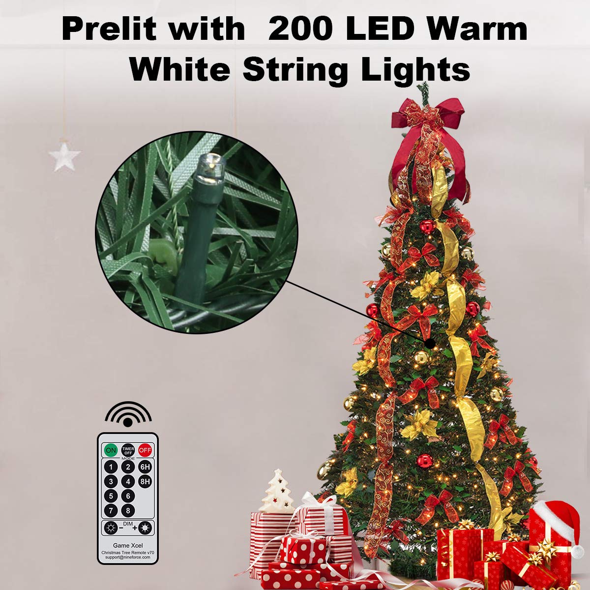 6FT Pre-Lit Pull Up Artificial Christmas Tree with LED Lights, Decorations & Remote - Red, Gold Ornaments, Bows & Ribbons | Perfect for Home, Office & Holiday Party Decor