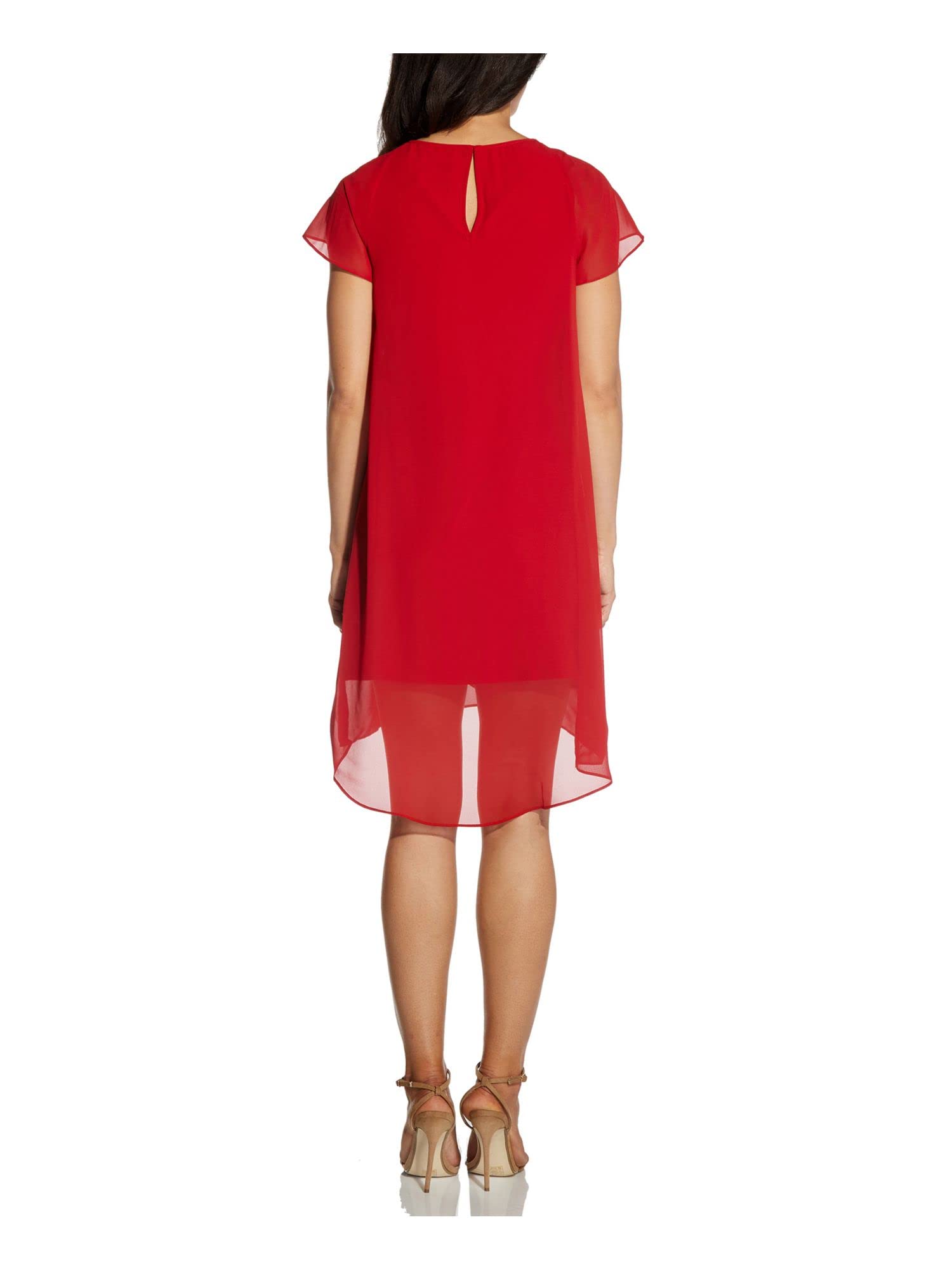 Adrianna Papell Women's Chiffon Cascade Trapeze Dress - Flowy A-Line Midi Dress with V-Neck & Sleeveless Design in Chili Pepper Red (Size XS) | Perfect for Weddings, Parties & Special Occasions