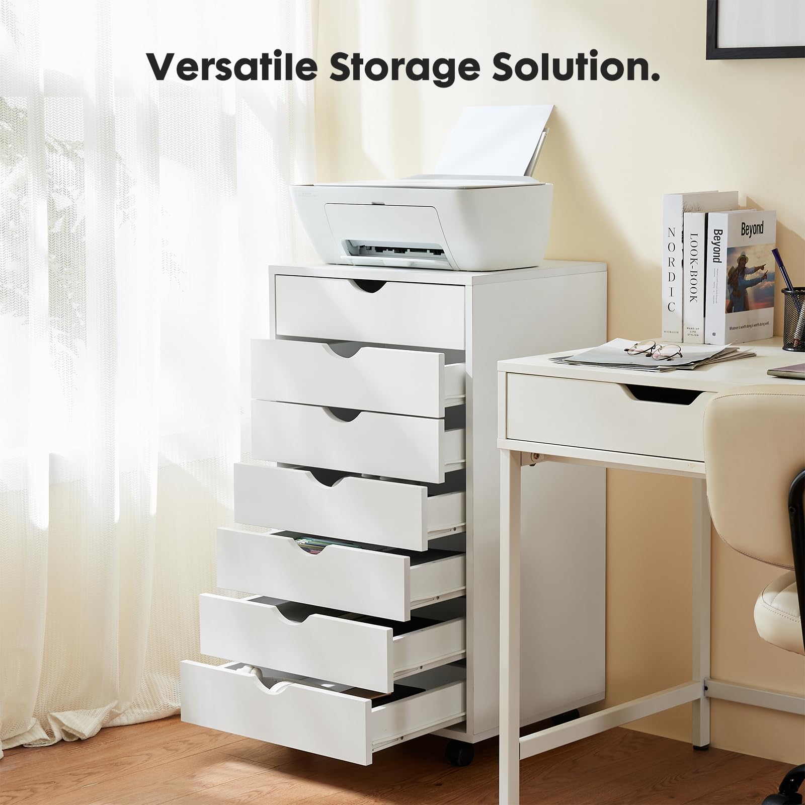 7-Drawer Wooden Dresser Chest with Wheels - Mobile Storage Cabinet for Bedroom, Office & Home Organization - Compact Dresser with Small Drawers for Clothes, Toys & Accessories