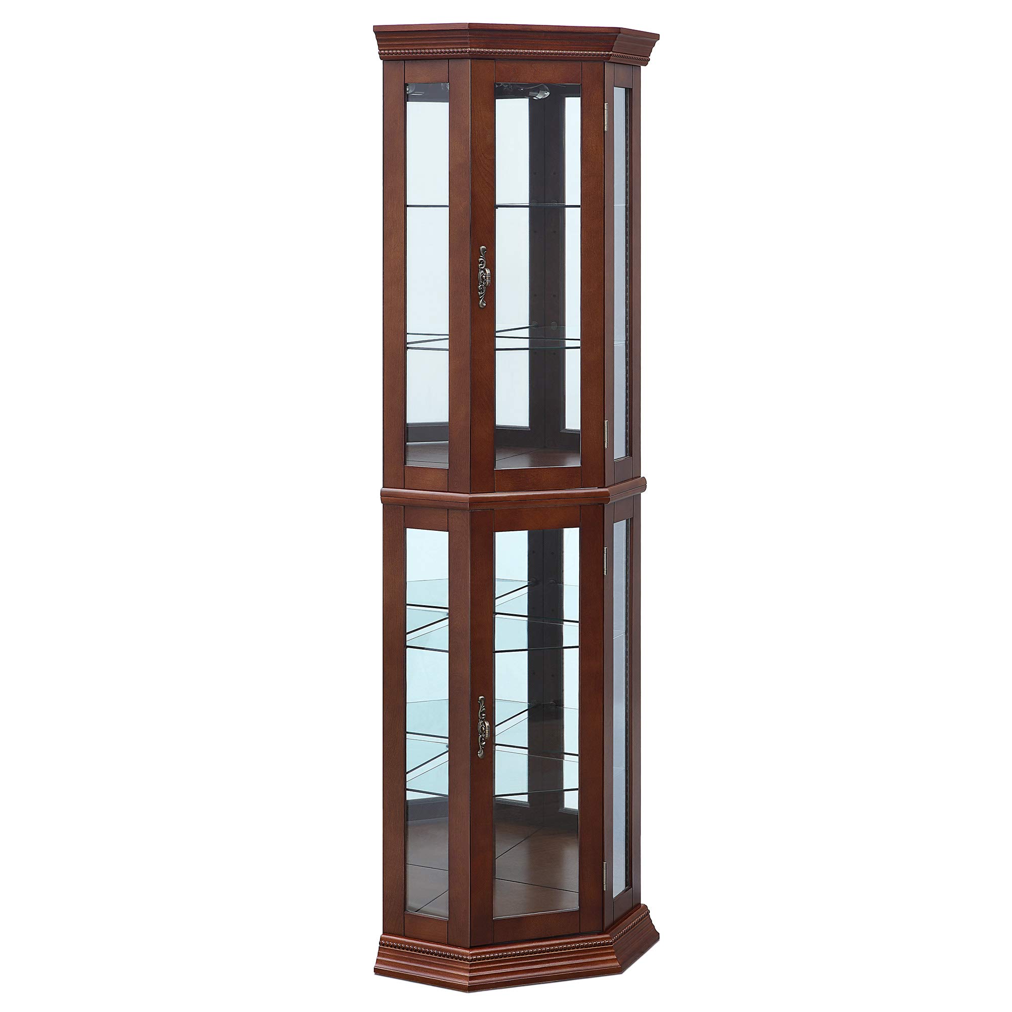 BELLEZE Lighted Wooden Corner Display Curio Cabinet with Tempered Glass Doors - 2 Section Shelving Unit with 6 Adjustable Shelves, Bar & Liquor Storage - Walnut Finish - Perfect for Living Room, Dining Room or Home Office Display