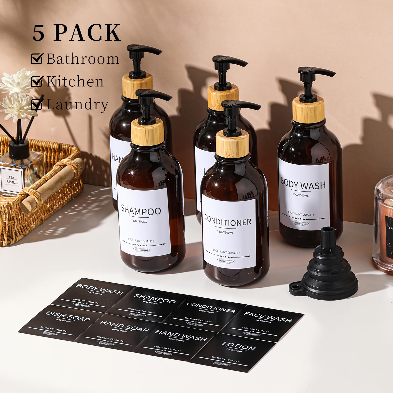 5-Pack Refillable Shampoo & Conditioner Dispenser Set - 16.9oz Amber Pump Bottles for Shower, Travel & Gym - Leakproof Bathroom Organizer for Hair Care Products
