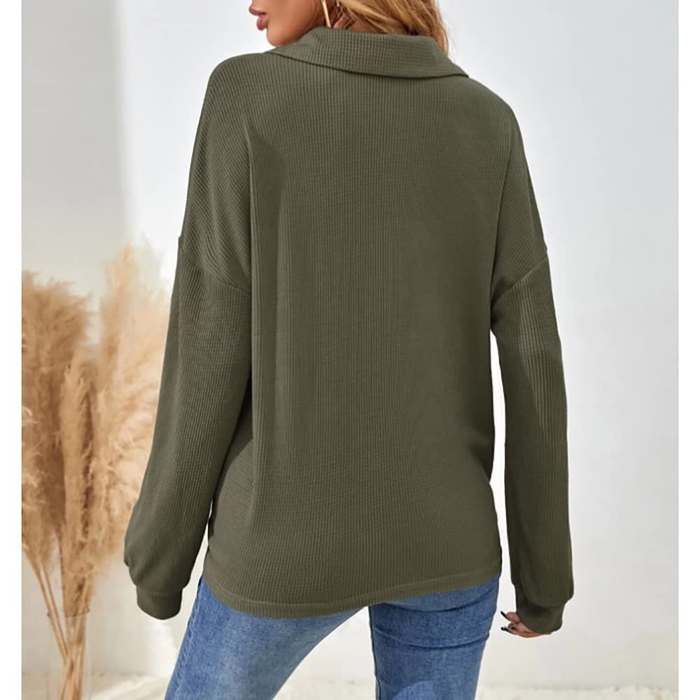 Janepam Women's Waffle Knit Pullover Sweater - Half Button Batwing Sleeve, Turndown Collar Loose Jumper | Casual Wear, Office Outfit, Fall & Winter Fashion