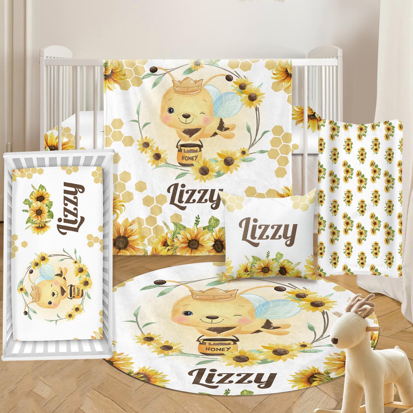 Personalized Baby Crib Bedding Set - 5 Piece Custom Nursery Set with Name for Boys & Girls | Sunflower Bee Theme Crib Set | Perfect Baby Shower Gift & Nursery Decor for Toddlers & Newborns