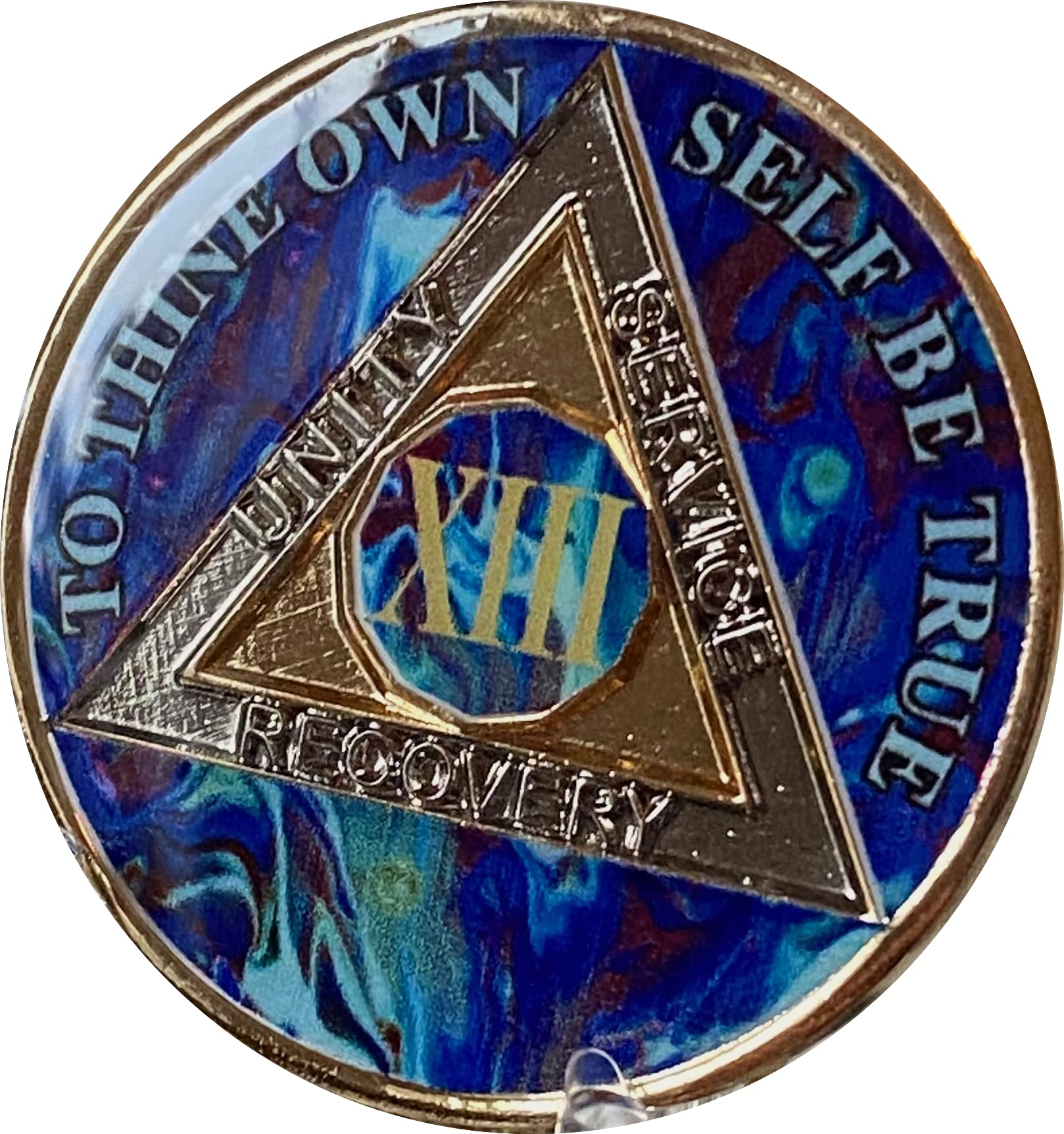 13 Year AA Medallion Sobriety Chip - Sapphire Blue Swirl Tri-Plate Recovery Token for Alcoholics Anonymous Meetings & Milestone Celebrations
