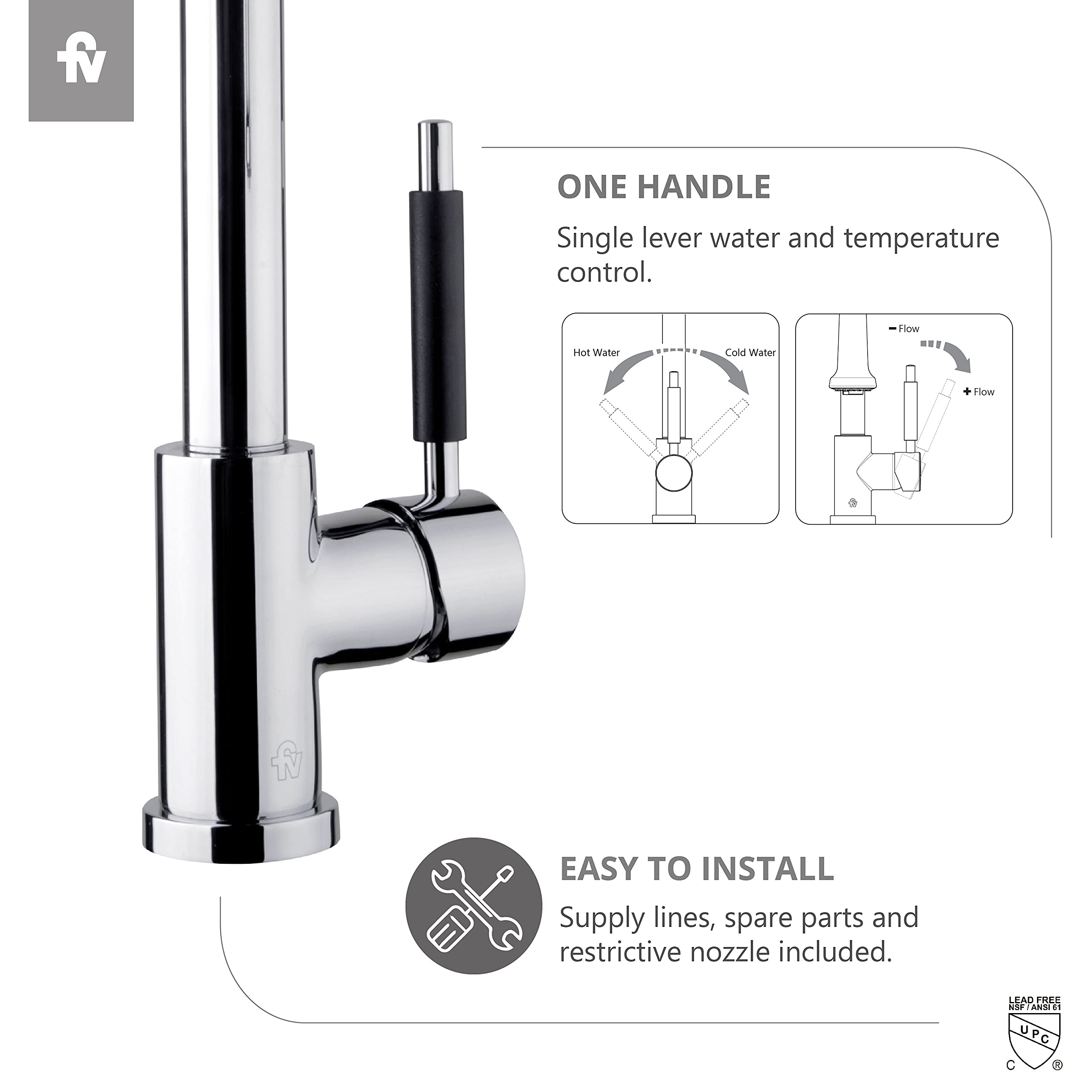FV Talampaya Modern Single-Handle Pull-Down Sprayer Kitchen Faucet in Chrome - High Arc Brushed Nickel Kitchen Sink Faucet with 360° Swivel Spout - Perfect for Cooking, Washing Dishes & Filling Pots