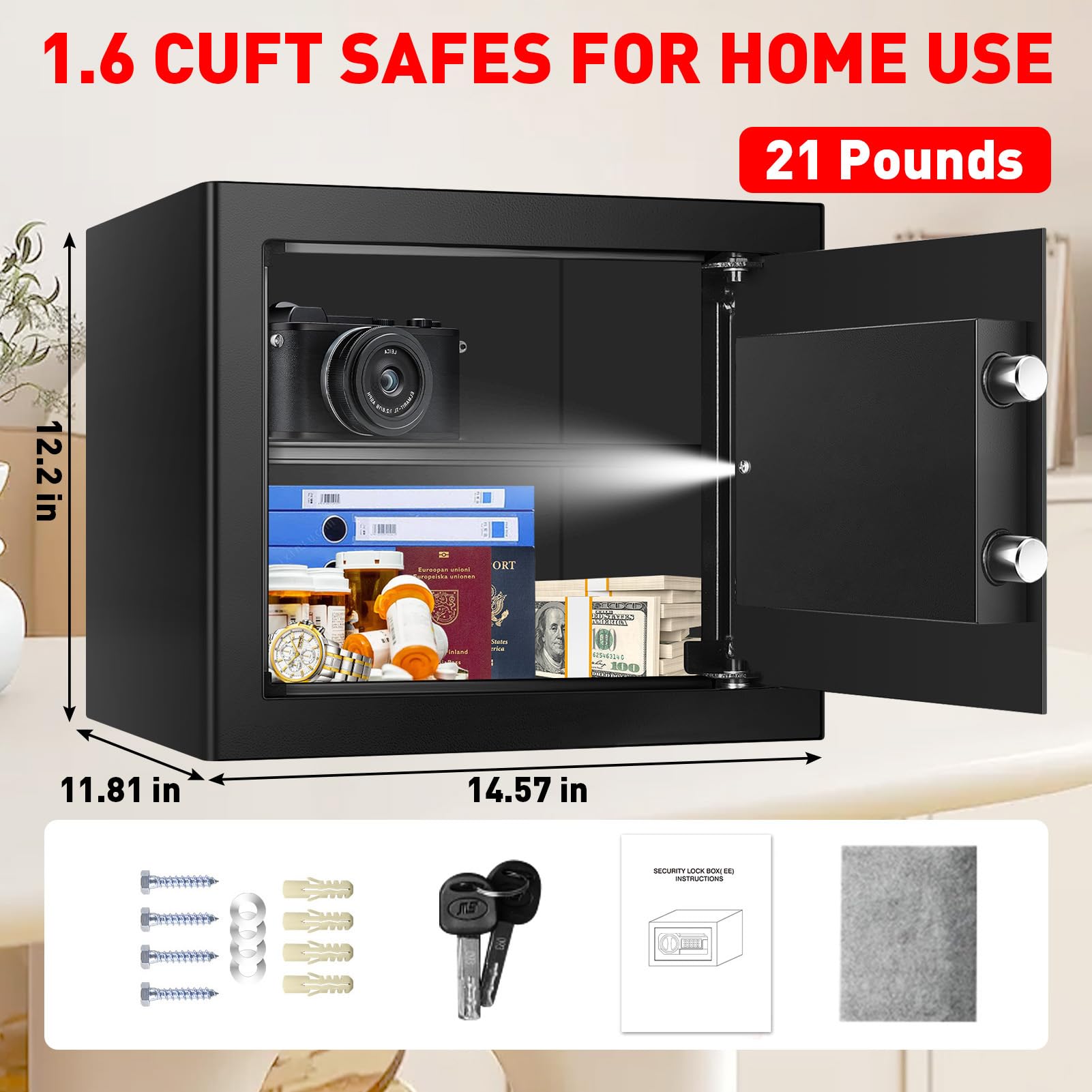 Fireproof Safe Box 1.6 Cubic Feet - Digital Security Safe with Electronic Keypad & Spare Keys - Waterproof Home Safe for Documents, Money, Jewelry & Valuables - Anti-Theft Protection for Office, Bedroom or Closet Storage