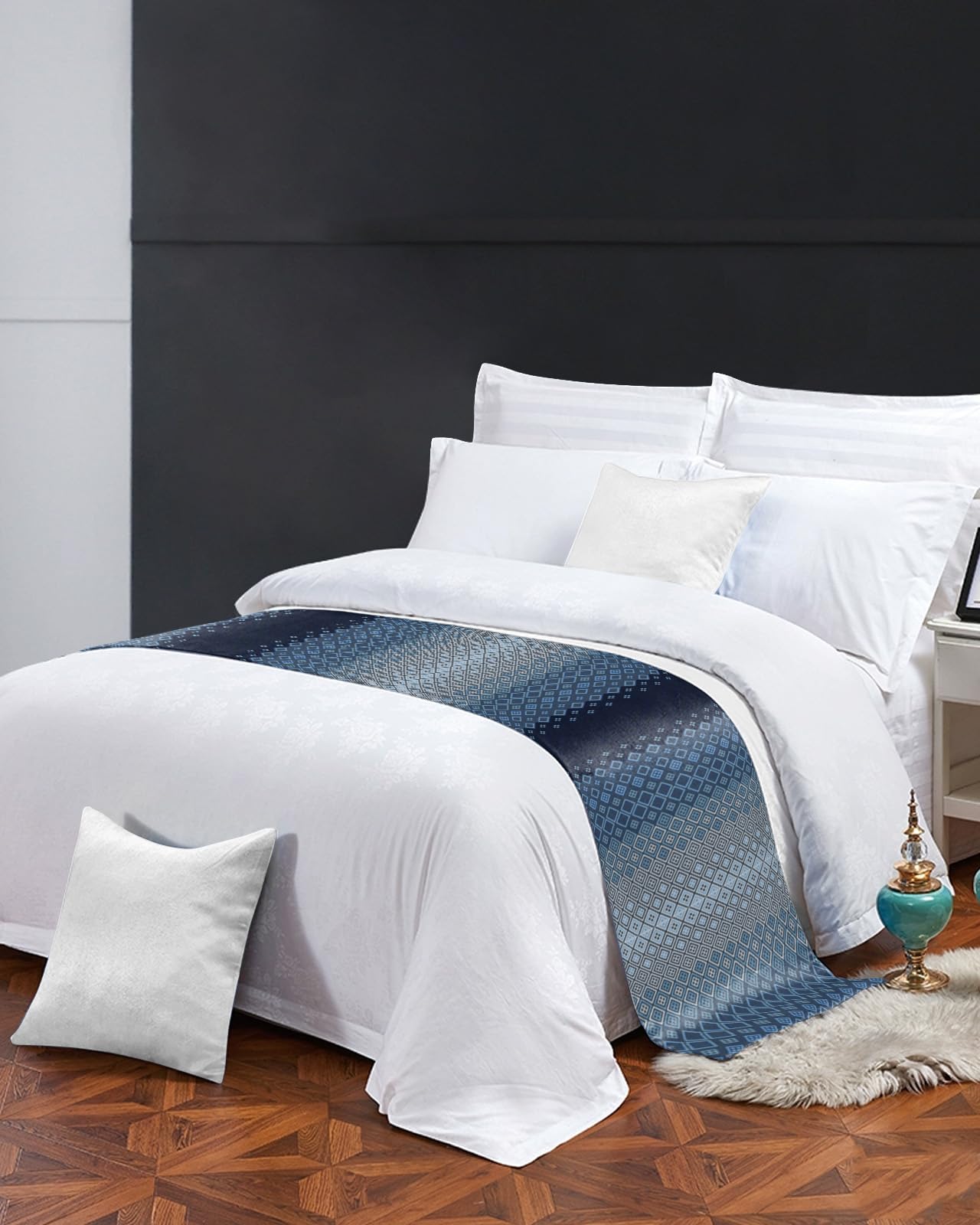 Gradient Blue Bed Runner Scarf - Twin Size Luxury Bed Throw for Twin/Full/Queen/King Beds - Diamond Lattice Modern Abstract Design (71