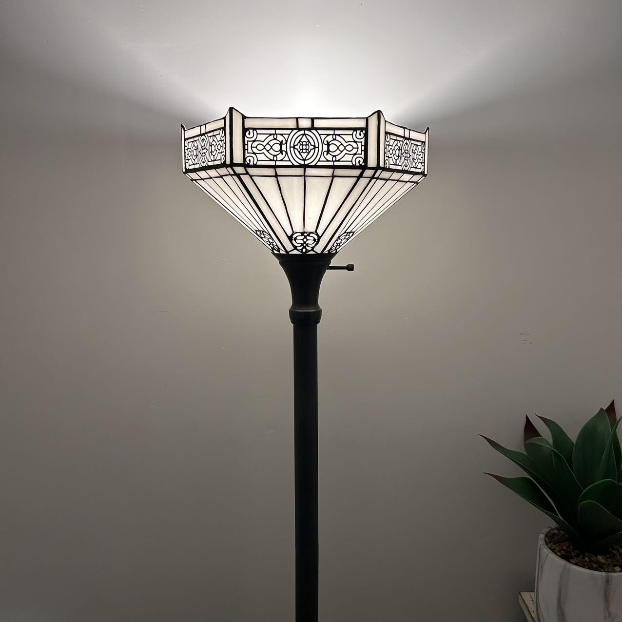 Tiffany Torch Floor Lamp - White Stained Glass Hexagon Mission Style - 12