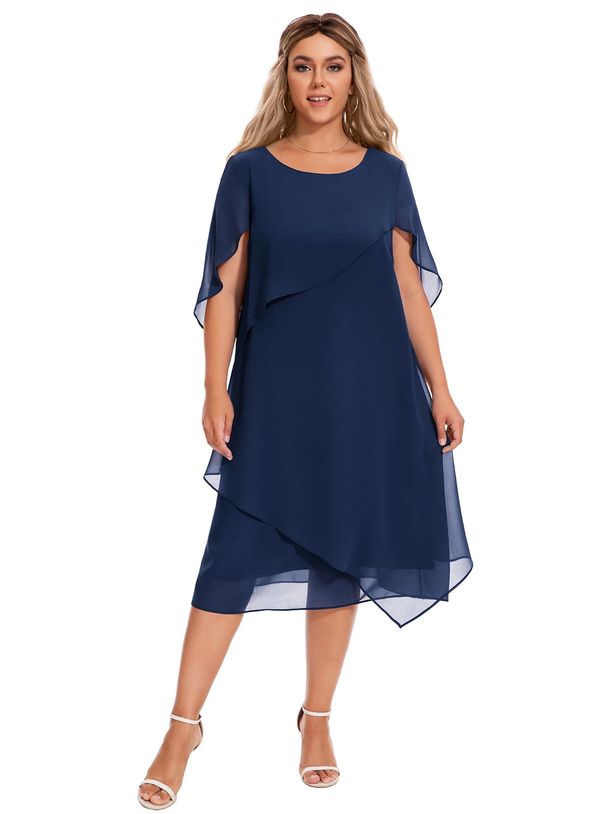 Elegant Plus Size Cape Dress with Chiffon Overlay for Women - Wedding Guest, Cocktail Party & Special Occasion Formal Wear