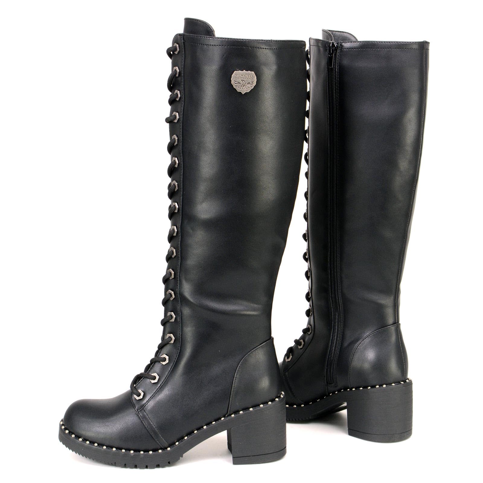 Milwaukee Leather MBL9442 Women's Black Lace-Up Tall Biker Fashion Boots with Platform Heel & Studs - Stylish Motorcycle Riding Boots for Women, Perfect for Biker Events, Night Out & Fashion Streetwear