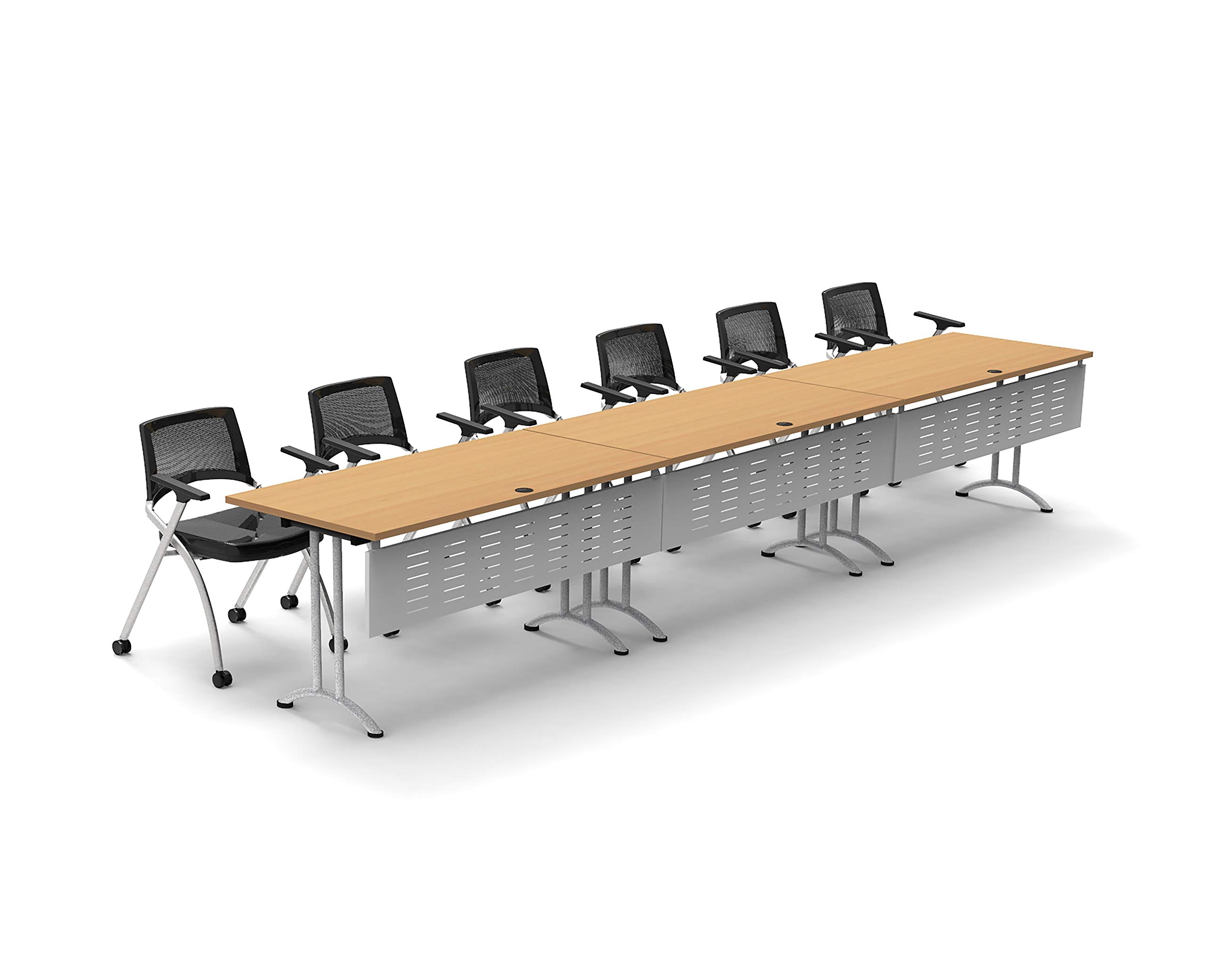 6-Person Folding Conference Table Set with 12 Task Chairs & Modesty Panels - Beechwood Classroom Furniture for Training, Meetings & Seminars - Connectable Tables with Space-Saving Fold & Nest Design - Perfect for Office, School & Event Spaces