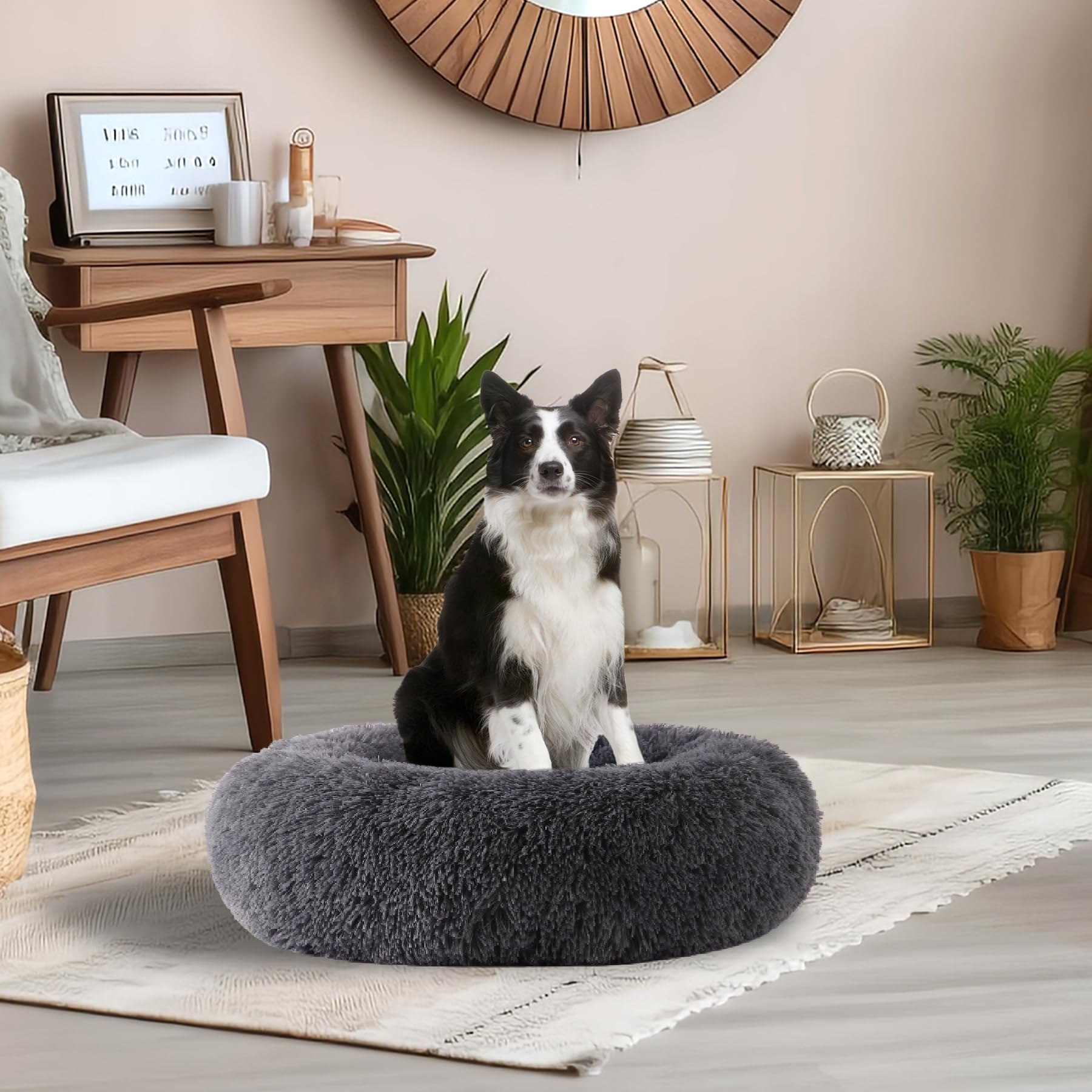 Calming Donut Dog Bed for Small to Medium Pets up to 80 lbs - Anti-Anxiety Round Pet Bed with Fluffy Washable Cover & Non-Slip Bottom - Perfect for Dogs & Cats (Dark Grey, 36