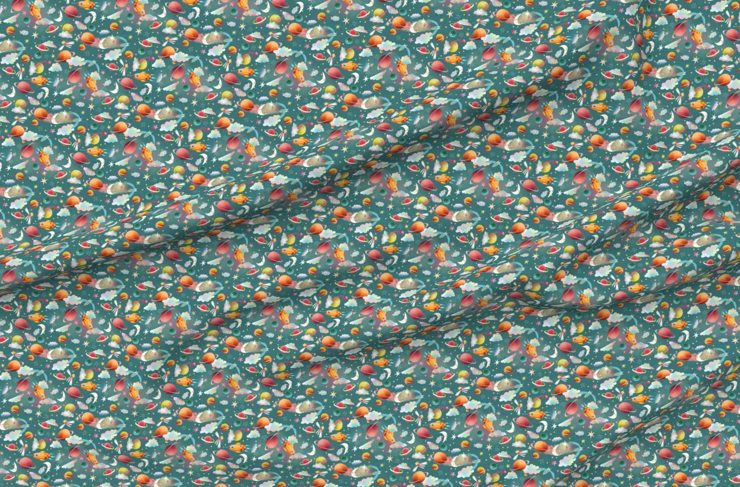 Planets Dream Space Flying Stars Moon Astronomy Printed Fabric - Petal Signature Cotton Fat Quarter for Sewing, Quilting, Apparel & Crafts | Perfect for DIY Home Decor, Space-Themed Bedding & Unique Gift Ideas