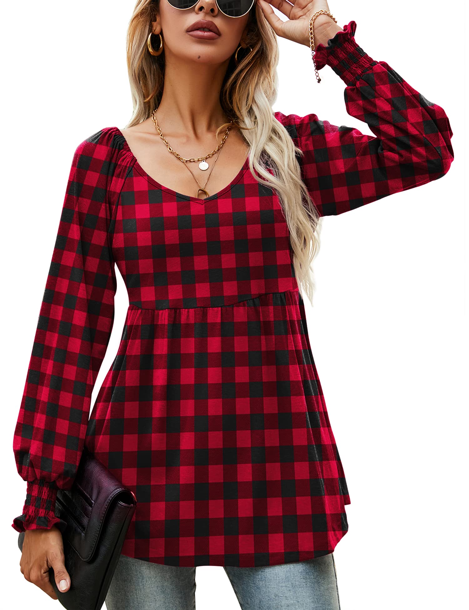 LOMON Women's Casual Puff Long Sleeve Tunic Top - V-Neck Pleated Flare Blouse with Smocked Cuffs (Sizes S-XXL) | Perfect for Office Wear, Date Nights & Casual Outings