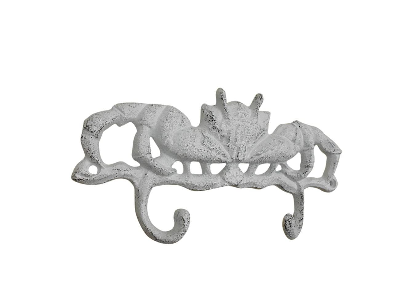 Vintage Whitewashed Cast Iron Crab Wall Hooks - Set of 4 Rustic Coastal Decor (10.5 Inch) - Perfect for Beach House, Bathroom Towels, Kitchen Utensils & Entryway Organization