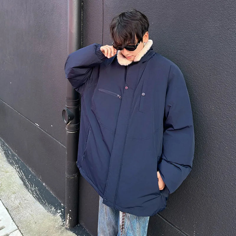 Men's American Style Padded Jacket - Lamb Wool Turn-Down Collar, Zipper Patchwork, Thickened Casual Coat for Winter (Tide 9C9279) | Perfect for Outdoor Activities, Daily Wear & Cold Weather Fashion