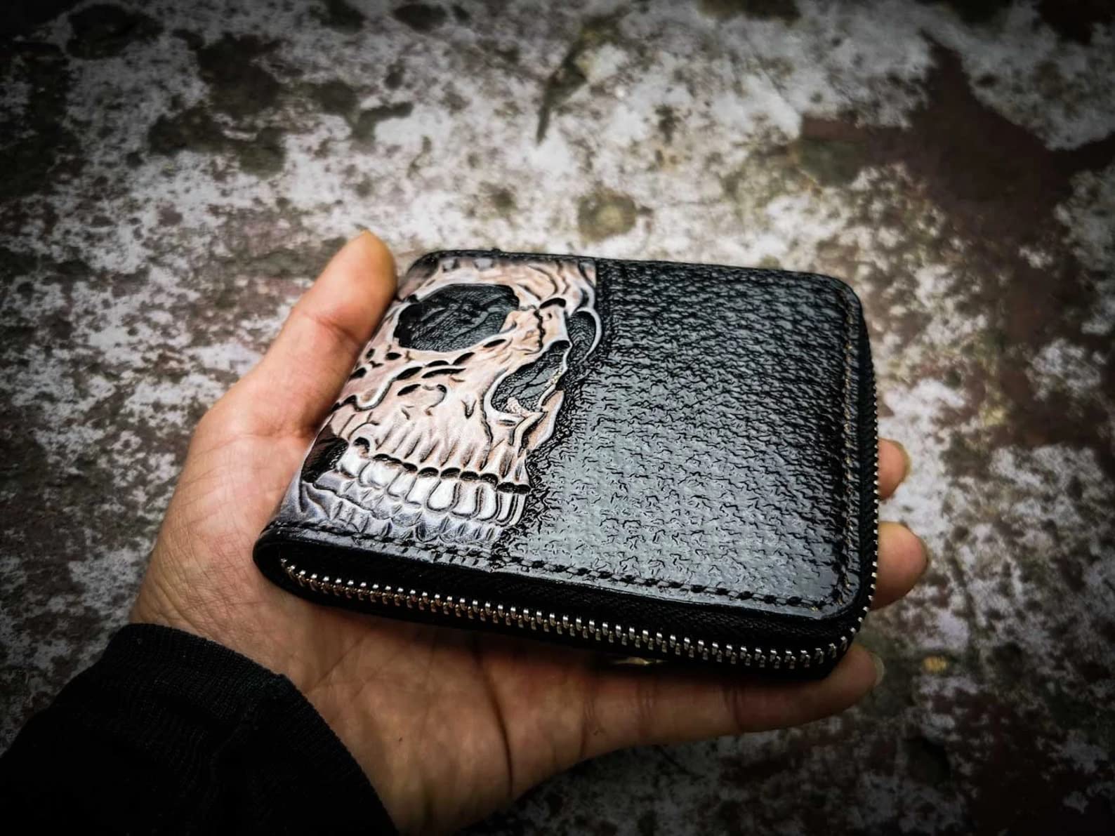 Handmade 3D Genuine Leather Skull Wallet for Men - Custom Carved & Tooled Bifold Wallet with Airbrush Art | Perfect Gift for Bikers, Rock Fans & Unique Style Lovers
