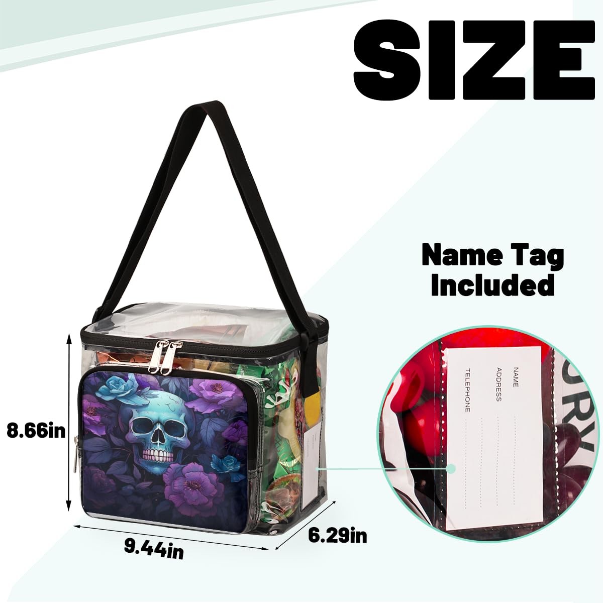 Skull Floral Transparent Tote Bag with Handles - Clear Crossbody Shoulder Bag for Lunch, Travel & Outdoor Activities | Perfect for Picnics, Concerts, Sports Events & Stadium Approved | Fashionable Sugar Skull Design