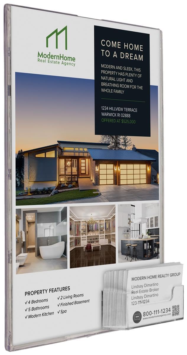 10 Pack Frameless Plastic Sign Holders & Business Card Dispensers - 8.5x11 Inch Graphics & 2x3.5 Inch Cards - 8.875x11.25x1.375 Inches with Magnetic Strips - Perfect for Retail Displays, Trade Shows & Office Reception Areas