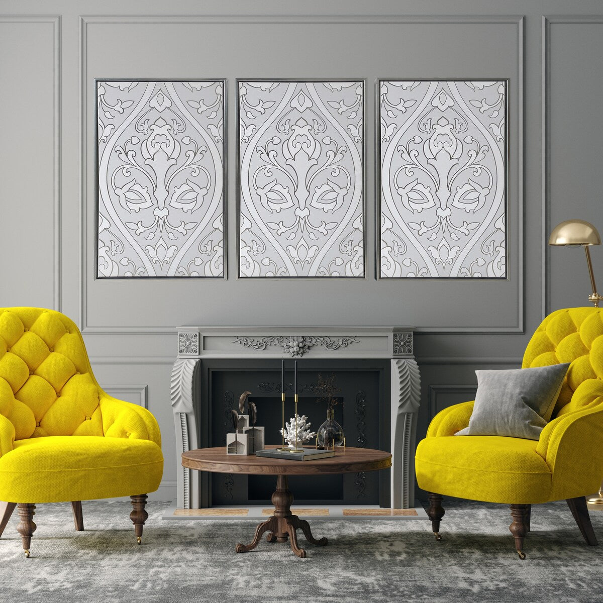 Baroque Triptych 3-Piece Canvas Wall Art Set in Silver Floating Frames - Perfect for Living Room, Bedroom & Office Decor