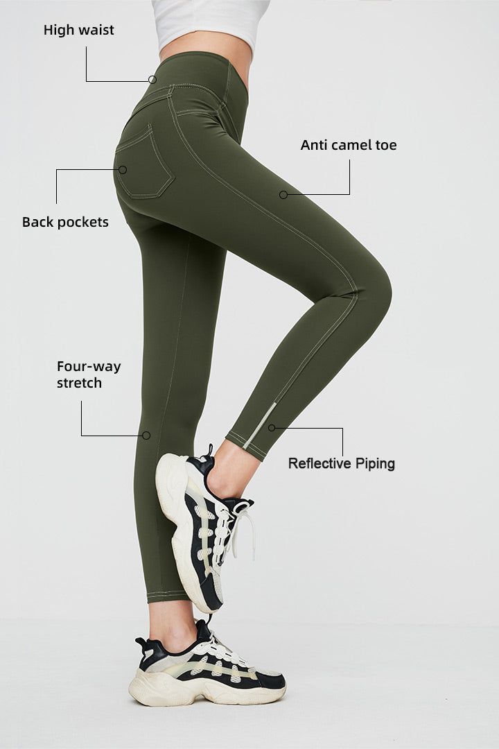 High Waist 7/8 Leggings with Reflective Piping - Women's Workout Yoga Running Jeggings for Gym, Fitness & Nighttime Safety