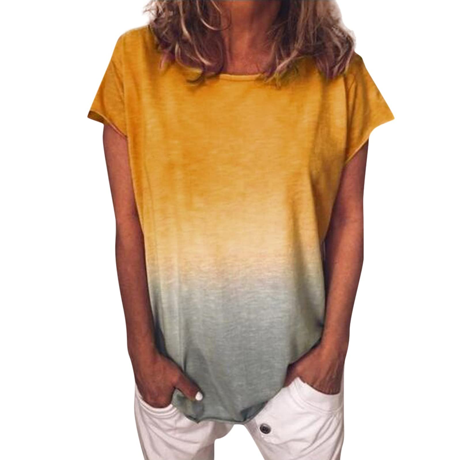 Women's Casual Short Sleeve Blouse - Gradient Color Tunic Top for Everyday Wear | Perfect for Office, Dating & Summer Outfits