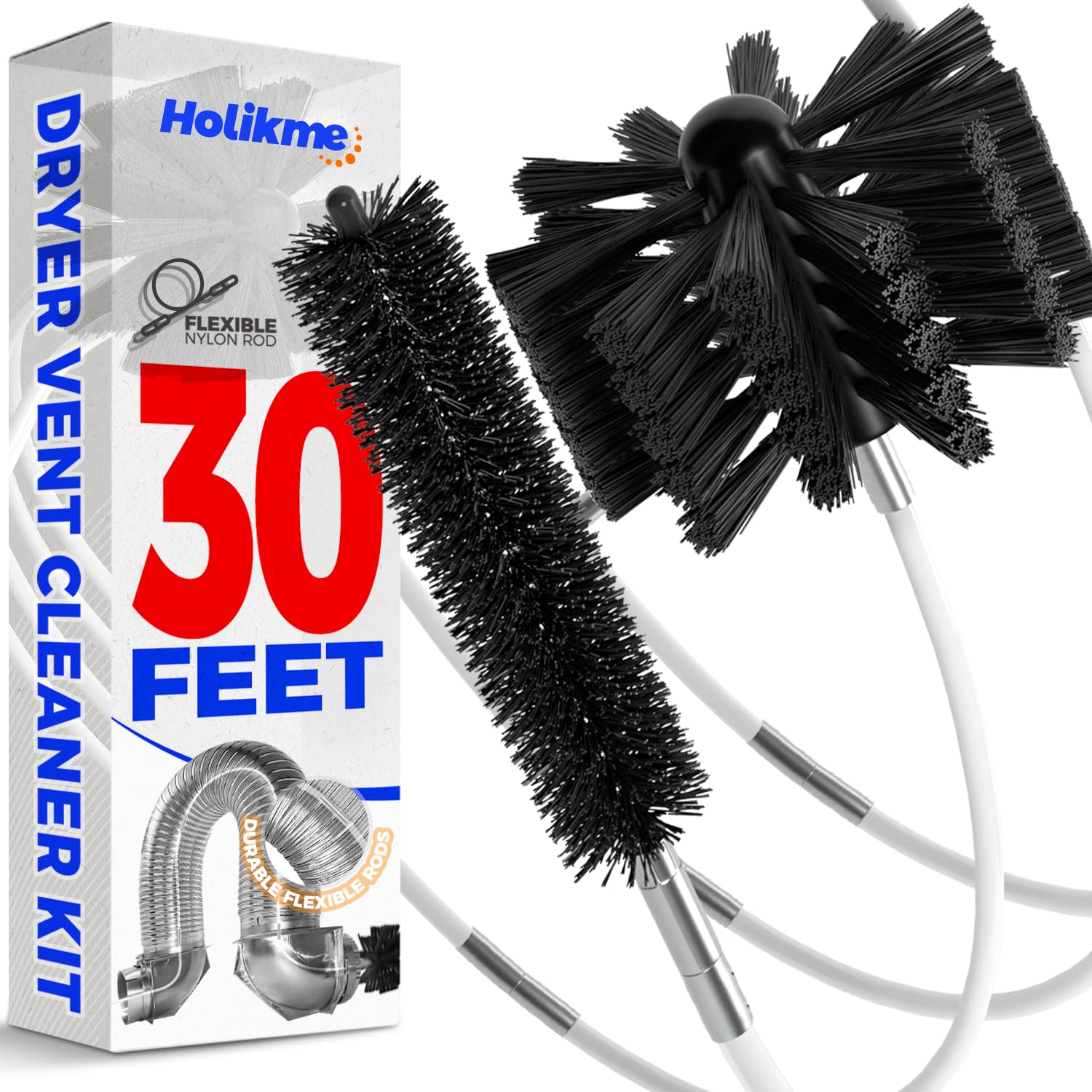 Holikme 30ft Dryer Vent Cleaner Kit - Flexible Lint Brush with Drill Attachment for Chimney & Fireplace Cleaning