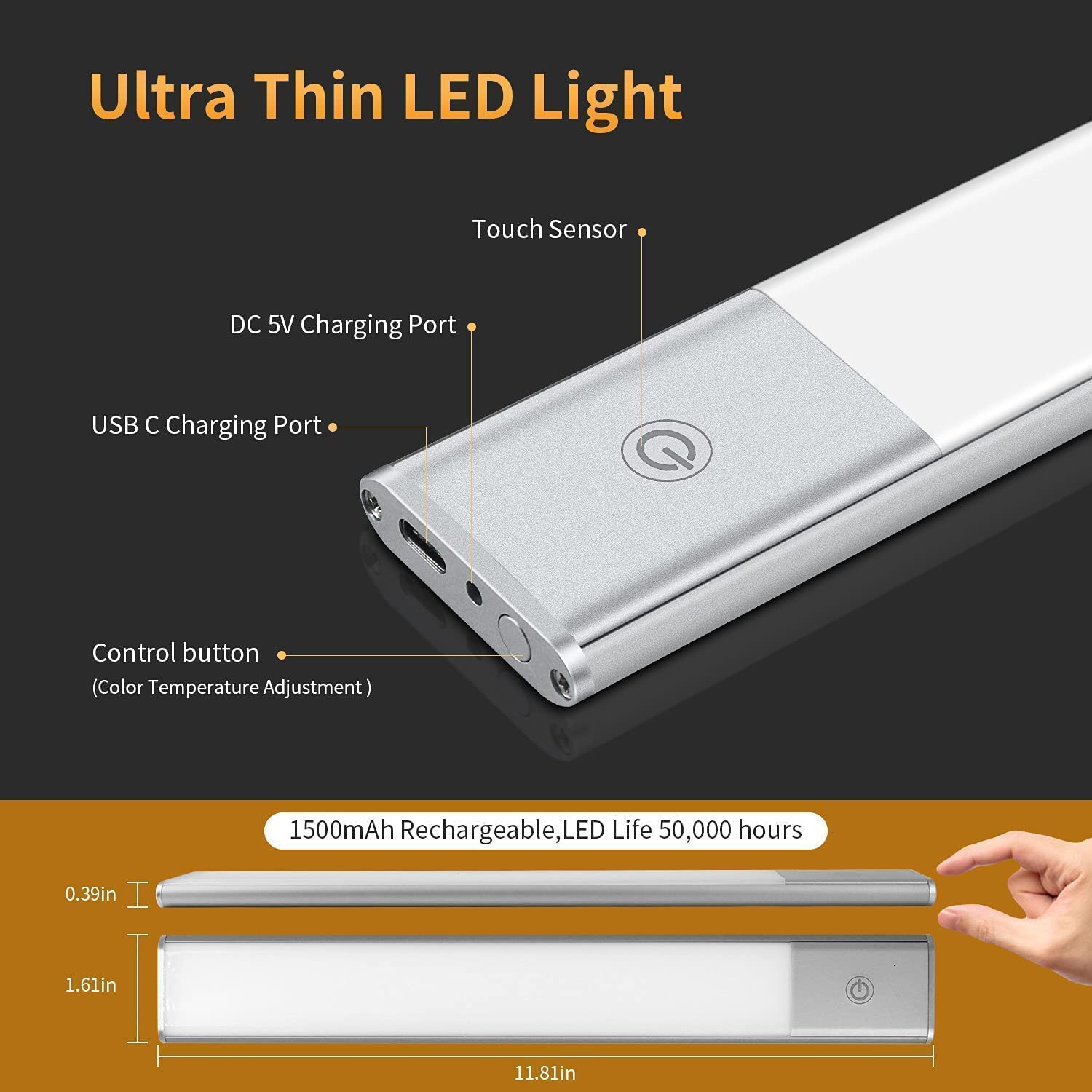 Rechargeable LED Cabinet Light - Dimmable Battery-Powered Closet Light with 3 Color Temperatures & Touch Sensor | Perfect for Kitchen Night Light, Wardrobe, Staircase & Hallway Lighting