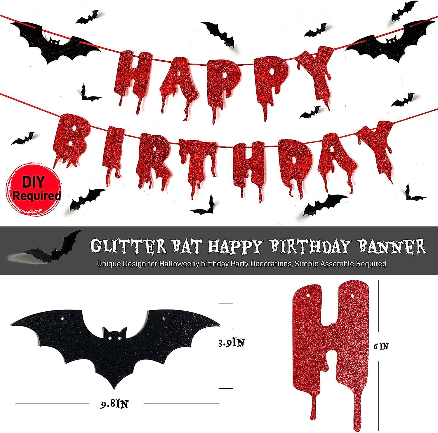 Red Glittery Happy Birthday Halloween Banner - Black Foil Curtain Backdrop with 3D Bat Stickers & Latex Balloons - Scary Party Decorations for Birthday, Halloween & Themed Events - Perfect for Home, Office & Classroom Celebrations