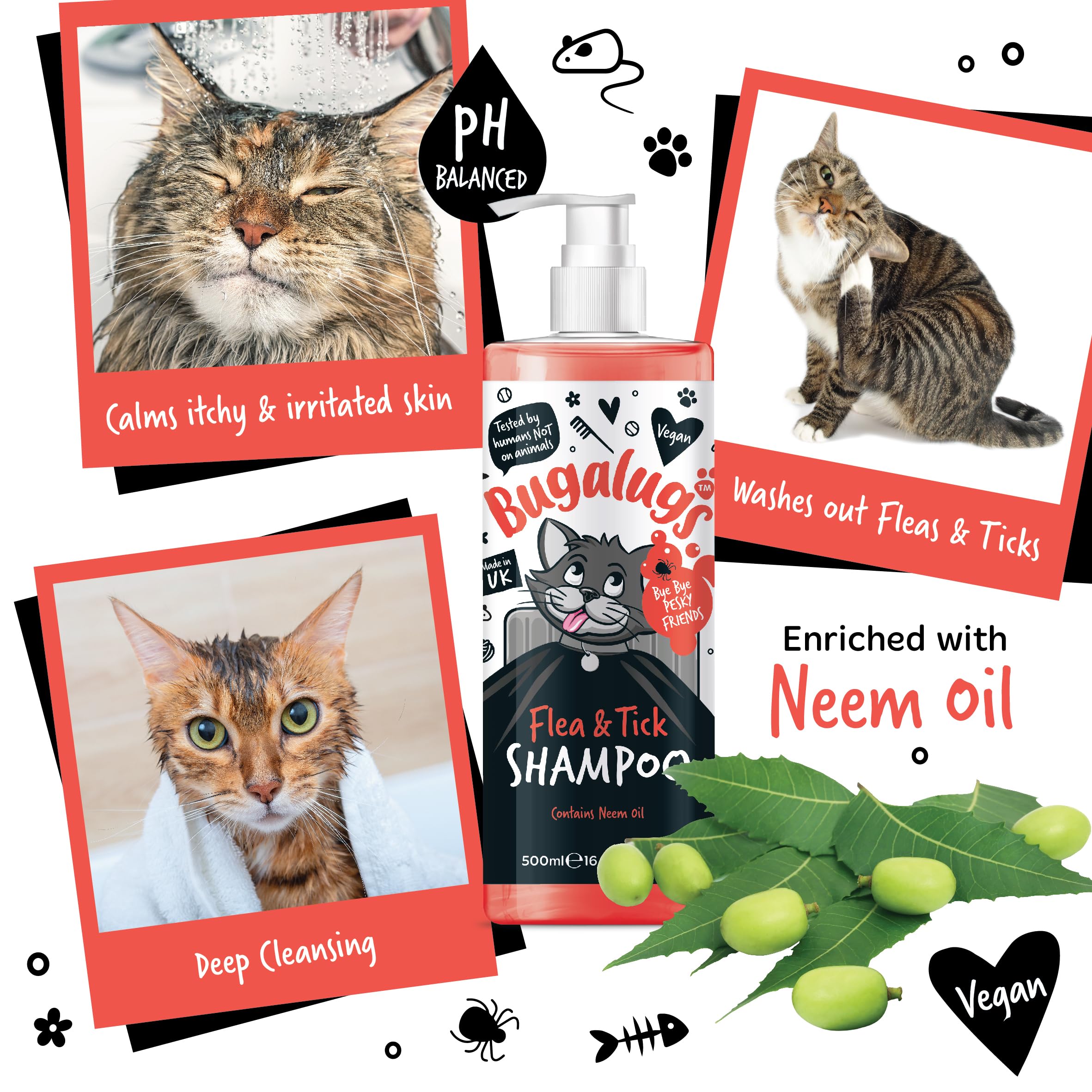 Bugalugs Flea & Tick Shampoo for Cats - 500ml Natural Neem Oil Formula | Deep Cleansing Cat Shampoo Kills Fleas, Ticks & Mites | pH Balanced Vegan Pet Care | Perfect for Bathing & Grooming Anxious Cats
