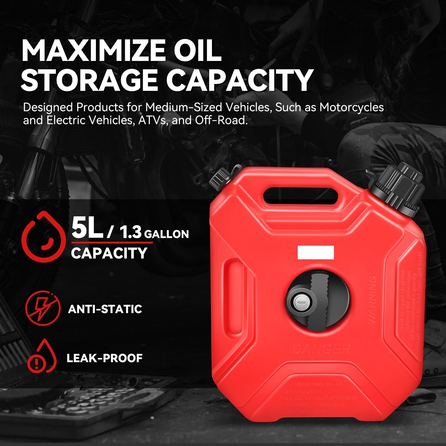 1.3 Gallon (5L) Portable Gas Can - Red Fuel Oil Tank with Spout 9.8