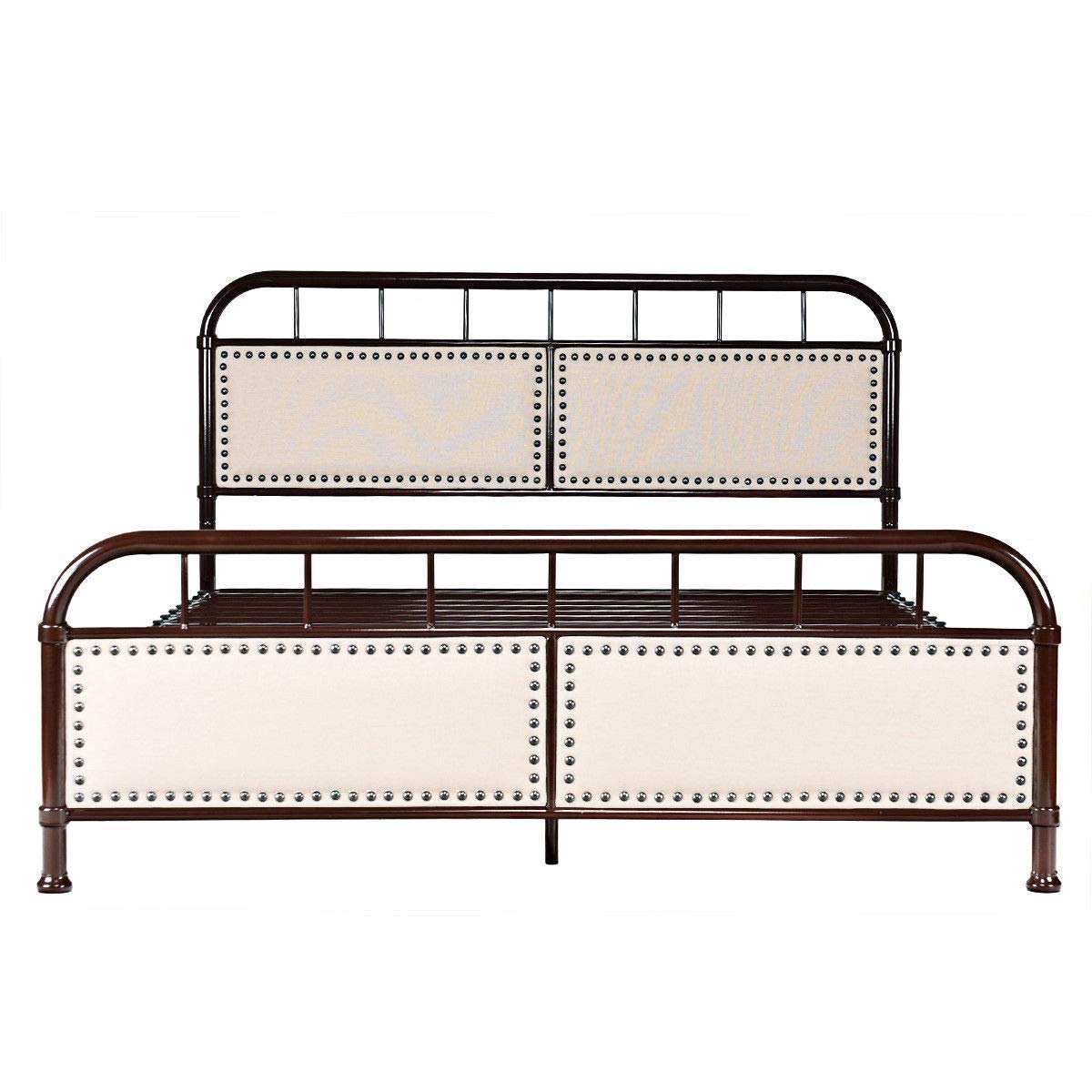 Giantex Full Size Metal Bed Frame with Upholstered Headboard & Footboard - Heavy Duty Platform Bed with Non-Slip Slat Support, Mattress Foundation - Chocolate Brown - Perfect for Bedroom, Guest Room, Dorm & Apartment