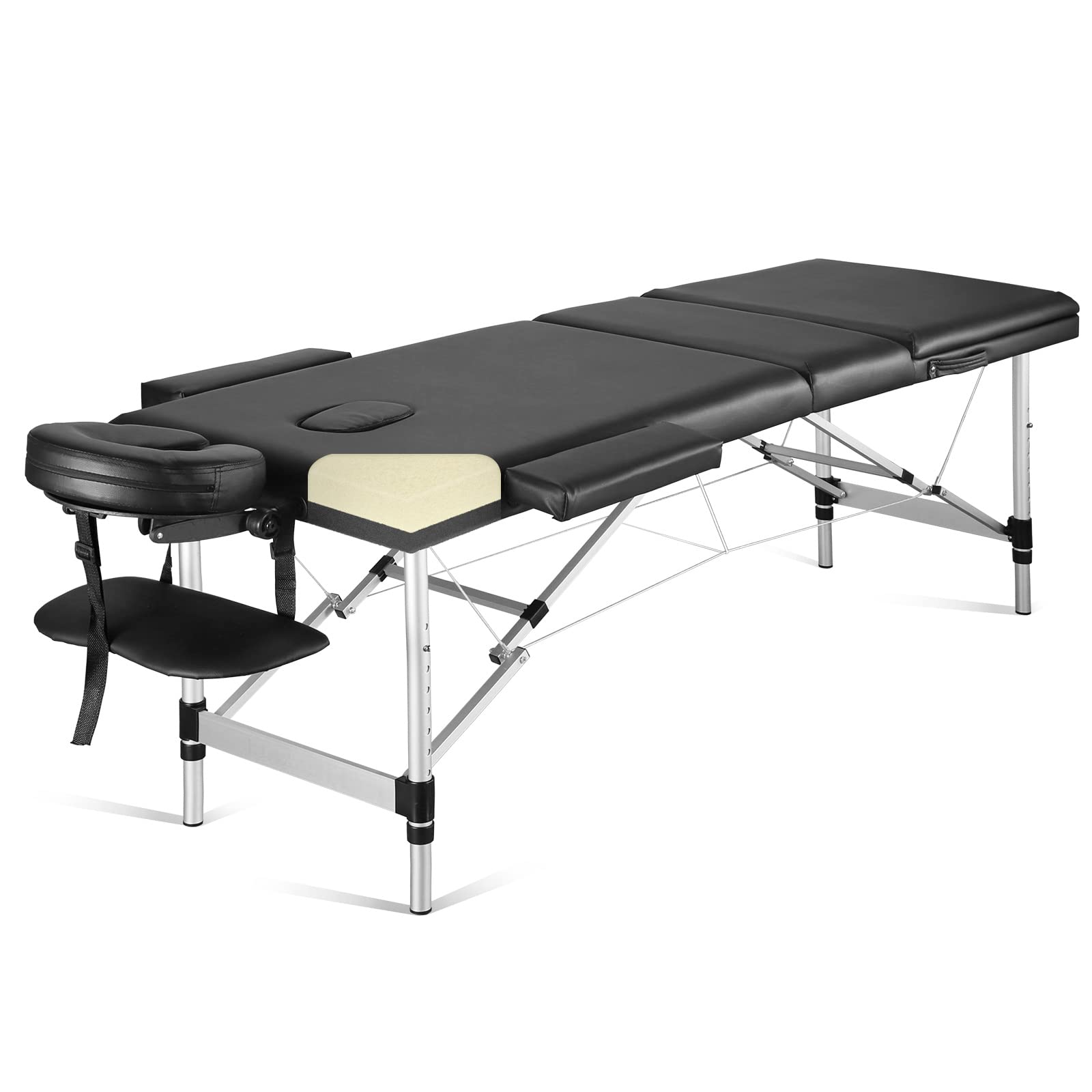 Careboda Professional Portable Massage Table - 82 Inch Adjustable Height 3-Fold Massage Bed for Spa, Salon, Lash & Tattoo - Lightweight Aluminum Frame with Carrying Bag (Black) - Perfect for Home Use, Mobile Therapists & Professional Settings