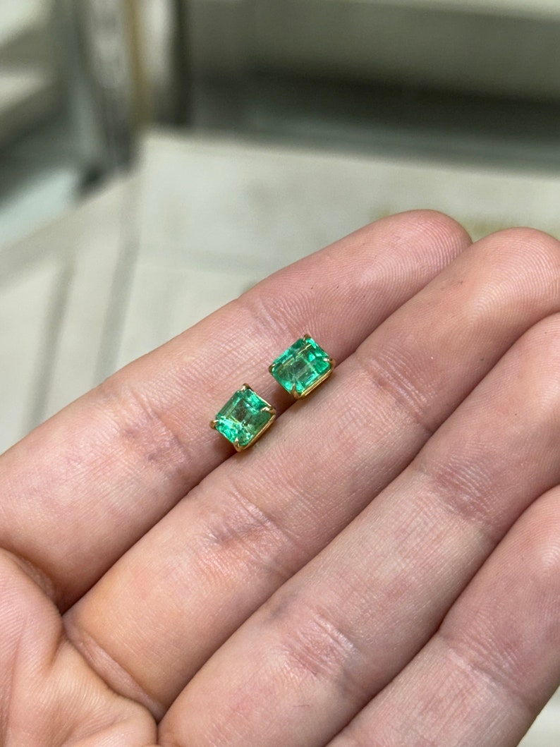 2.21tcw 18K Gold Vivid Green Emerald Cut Stud Earrings for Men & Women | Luxury Prong Set Gemstone Jewelry for Parties, Weddings & Special Occasions