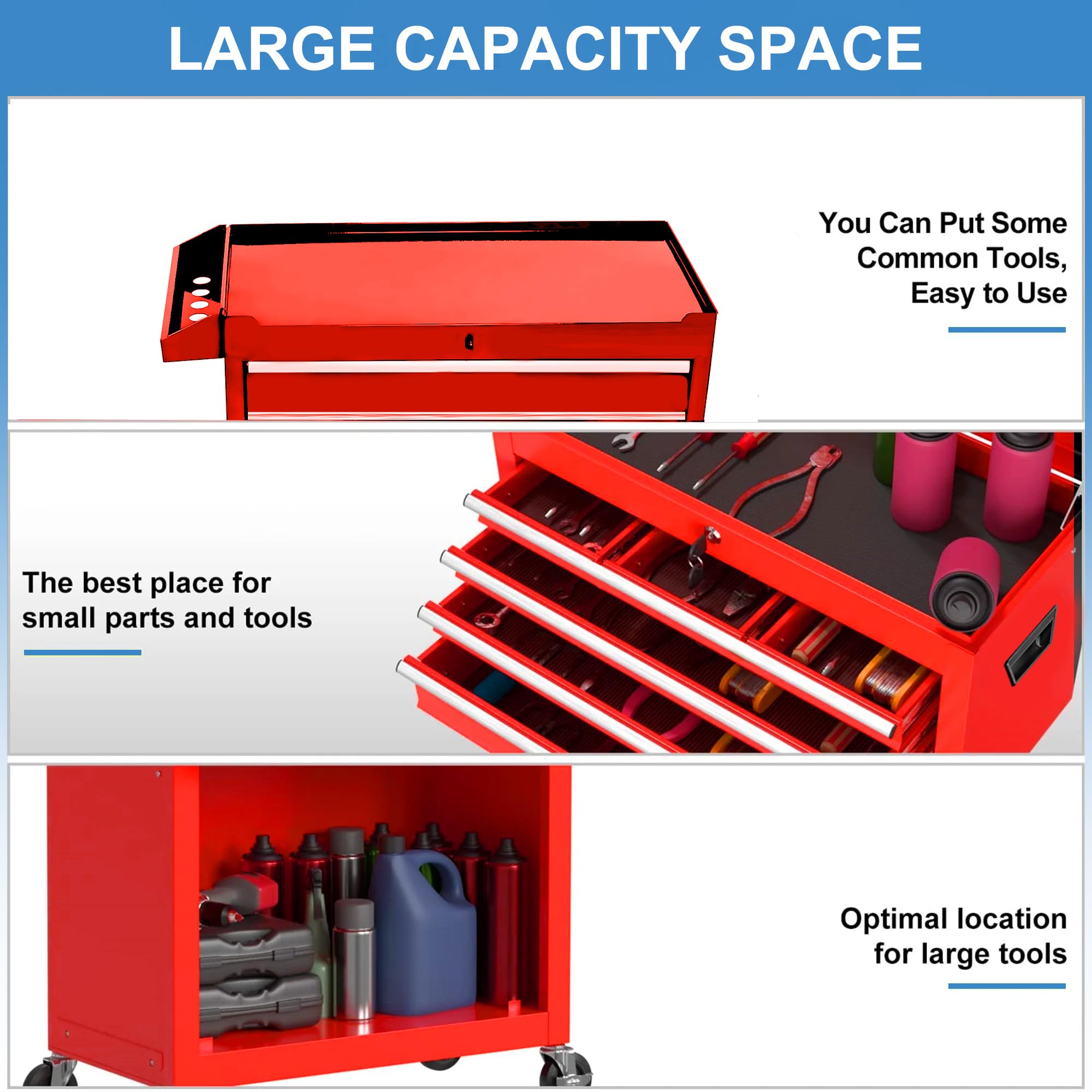 5-Drawer Rolling Tool Chest with Wheels & 2 Lockers - Heavy Duty Detachable Tool Cabinet for Garage, Warehouse & Workshop - Red (Ideal for Automotive Repair, DIY Projects & Professional Tool Organization)