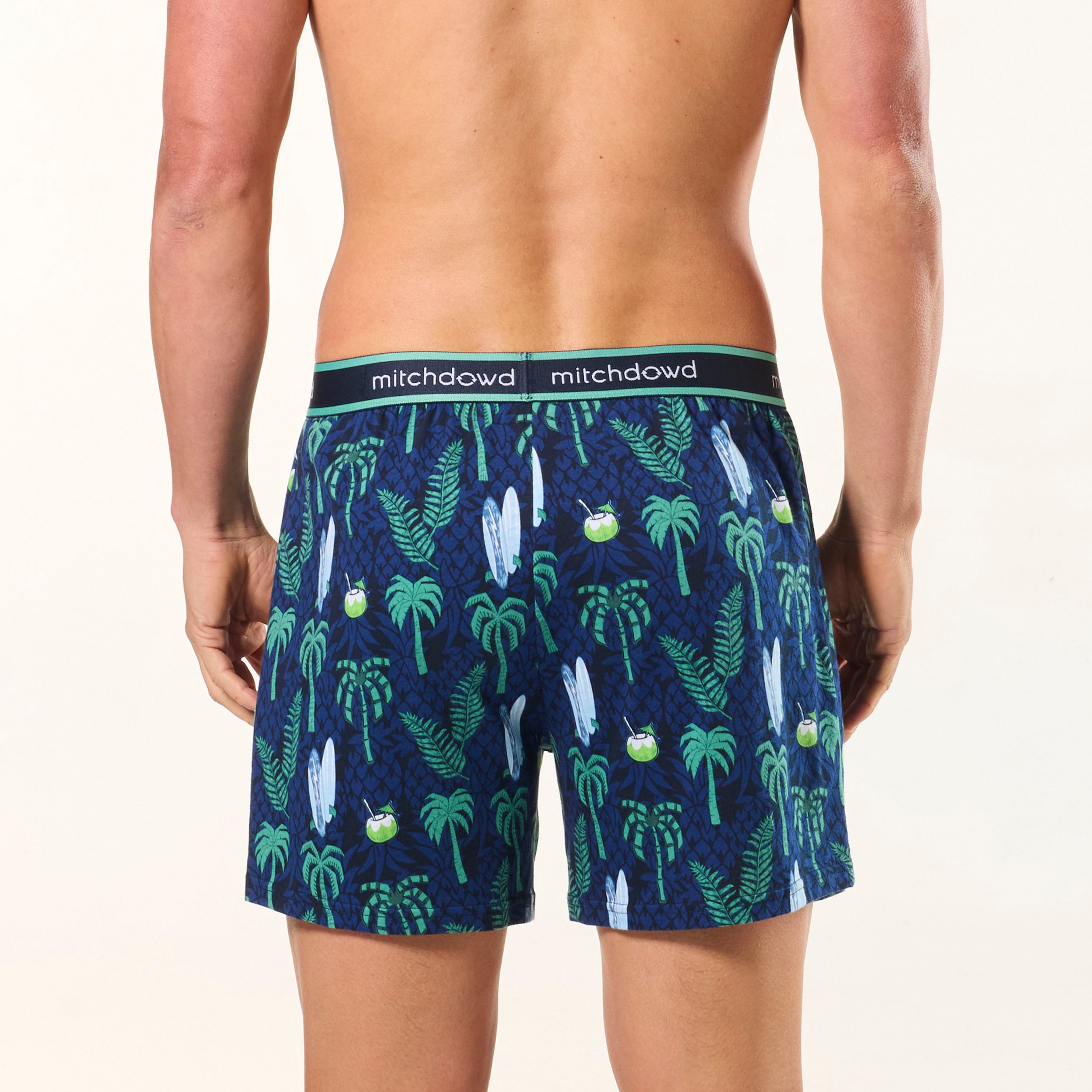 Men's Surfer Palms Cotton Loose Fit Knit Boxer Shorts - Breathable Comfort Underwear for Beach, Sleep & Lounge - Navy Blue