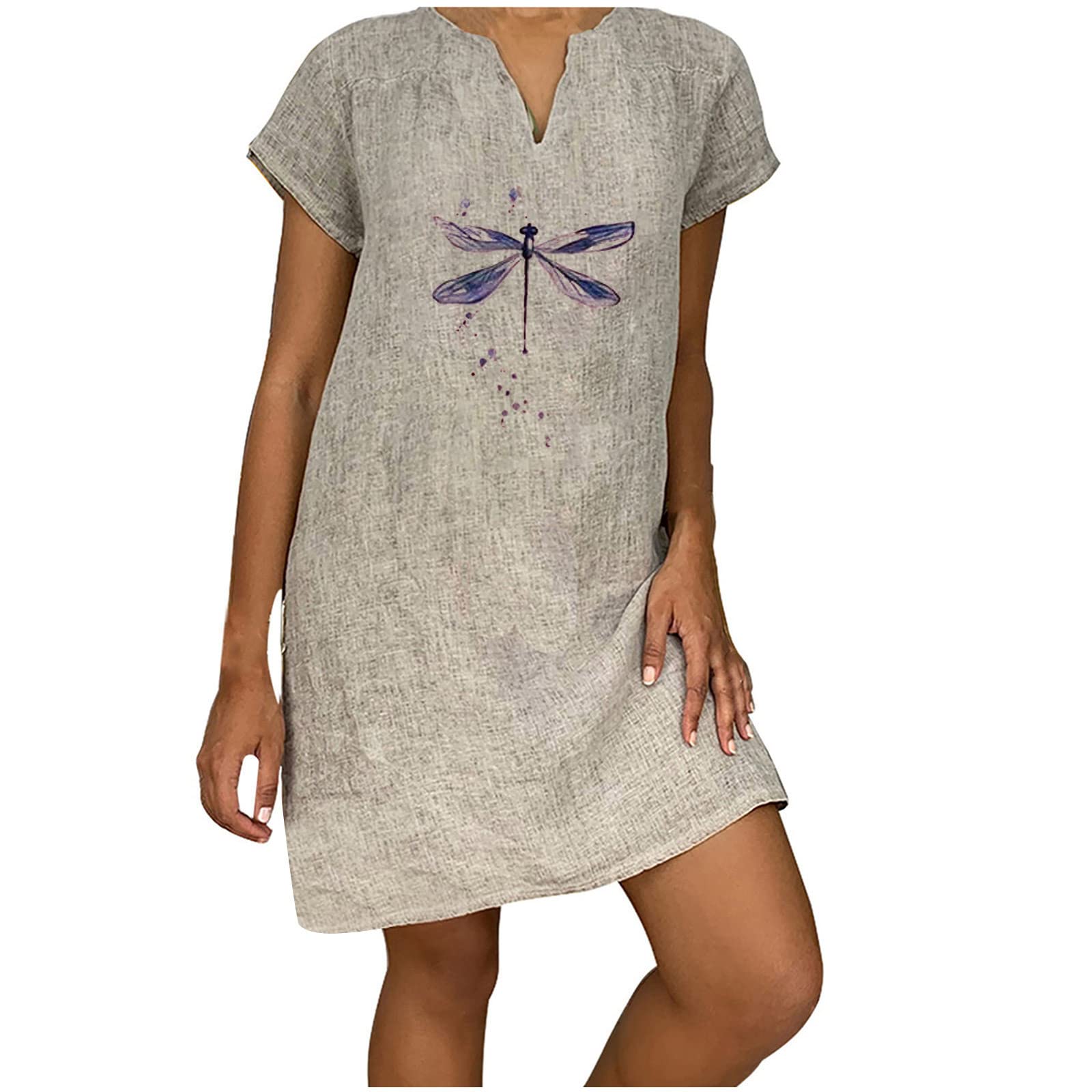 Plus Size Summer Dresses for Women - Flowy Midi Dress with Dragonfly Print, V-Neck & Short Sleeves - Perfect for Beach Vacations, Garden Parties & Casual Outings