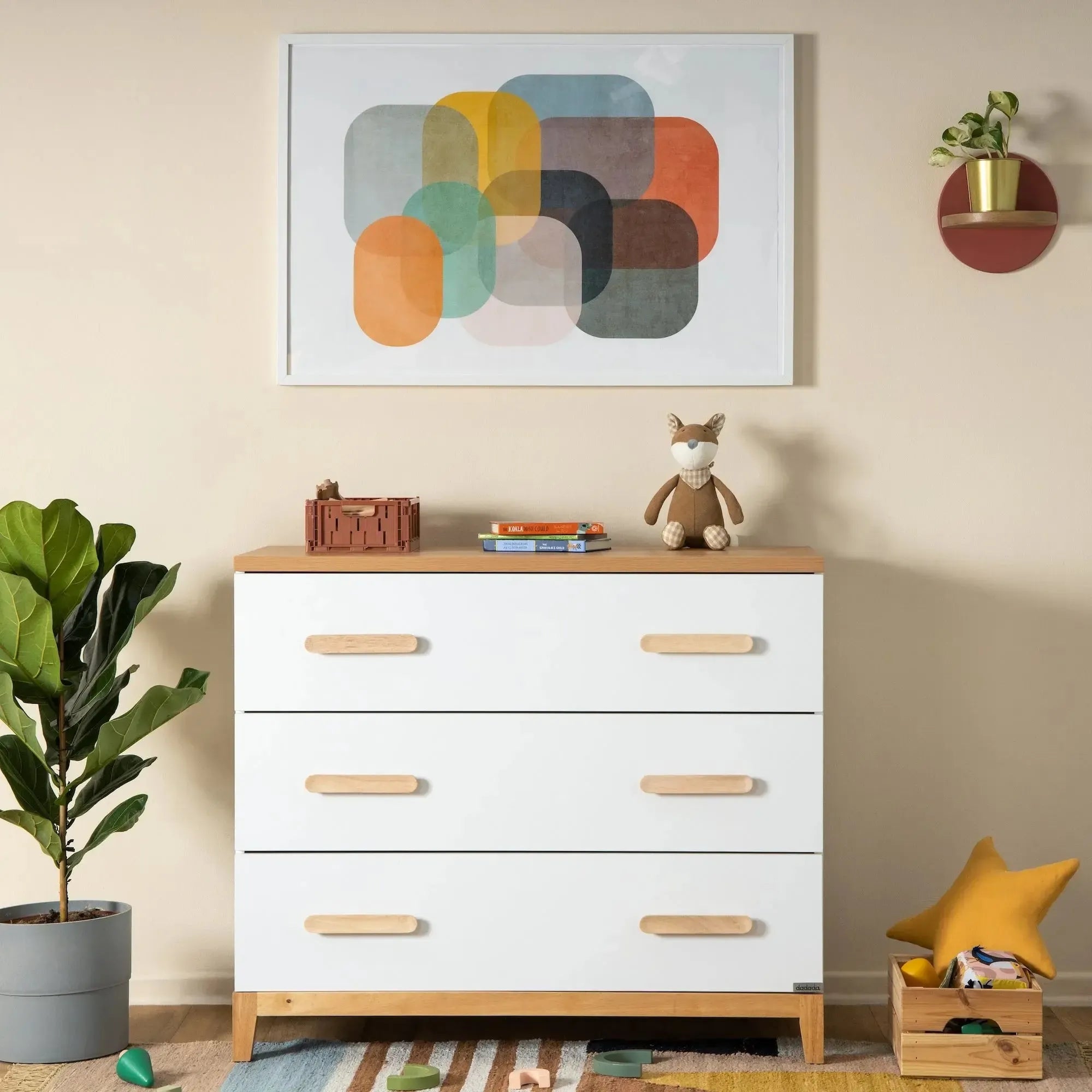 Dadada Lala Little 3-Drawer Dresser for Nursery - White & Red Oak Wood Baby Changing Table with Storage | Perfect for Kids Bedroom, Daycare & Nursery Organization