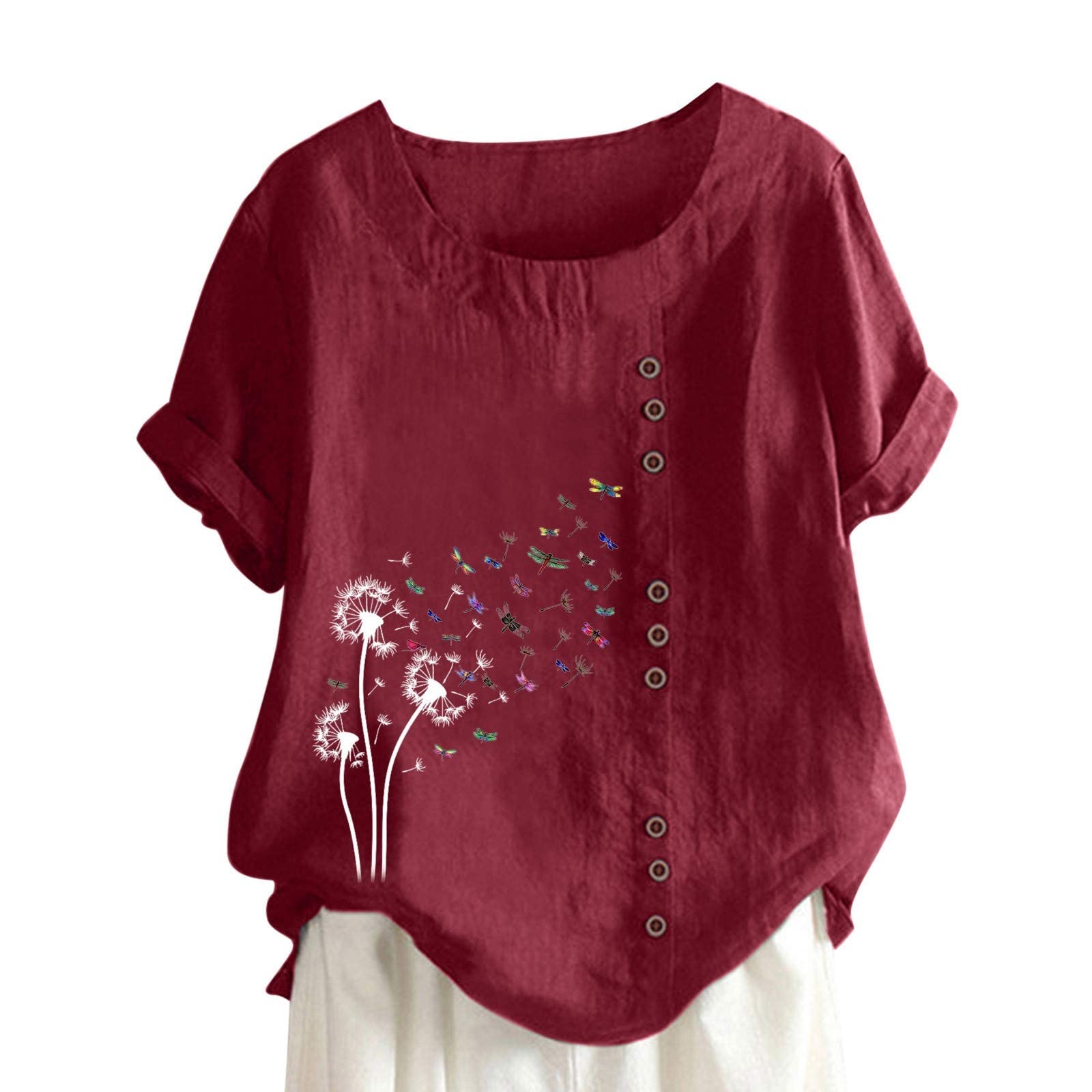 Women's Summer Tops - Short Sleeve Casual Cotton Linen Shirts, Round Neck Loose Blouse Tee for Beach, Vacation & Everyday Wear