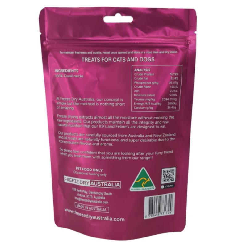 Freeze Dried Australia Quail Necks for Cats & Dogs - 100g Natural Protein Treats - Grain-Free, Healthy Pet Snacks for Training & Dental Care