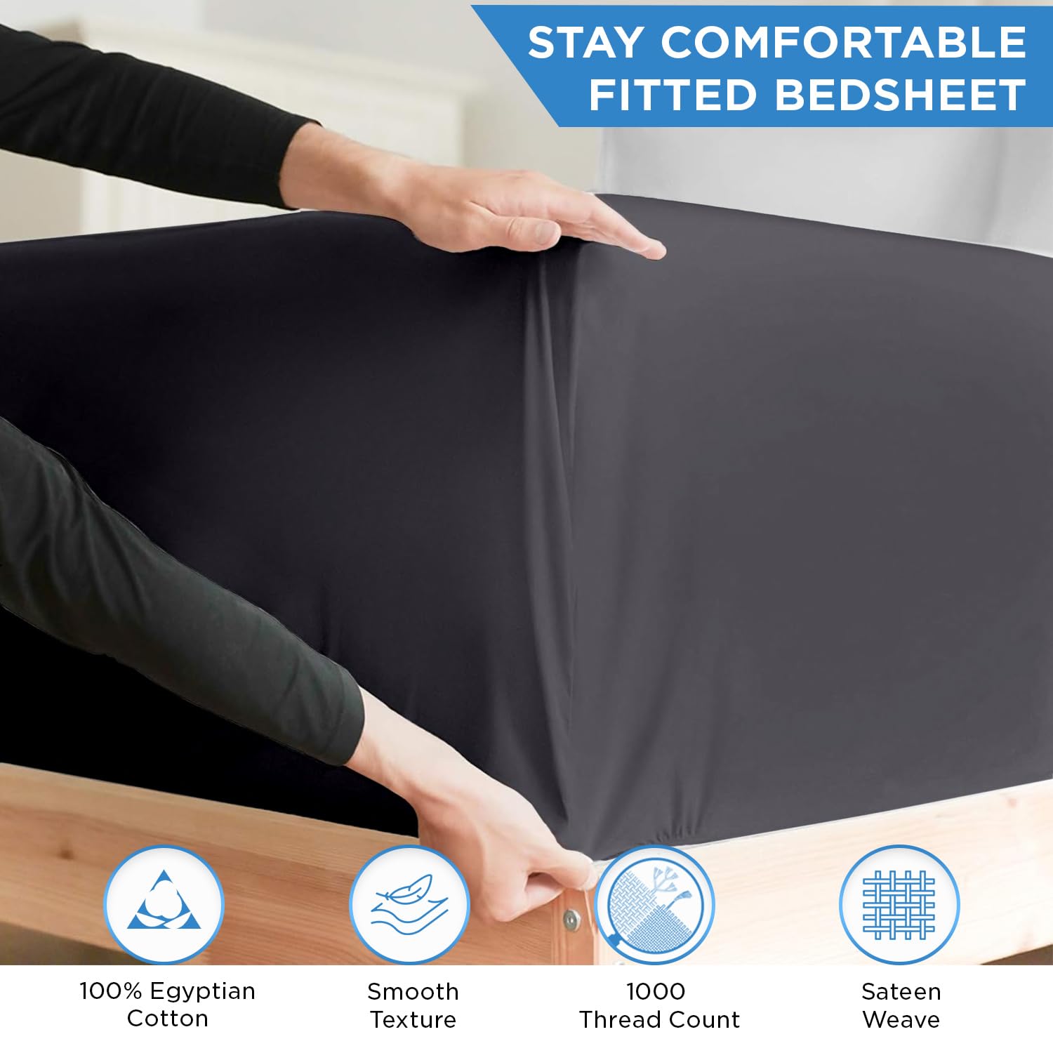 Luxury 100% Egyptian Cotton King Size Fitted Sheet - 1000 Thread Count, Deep Pocket (Up to 17